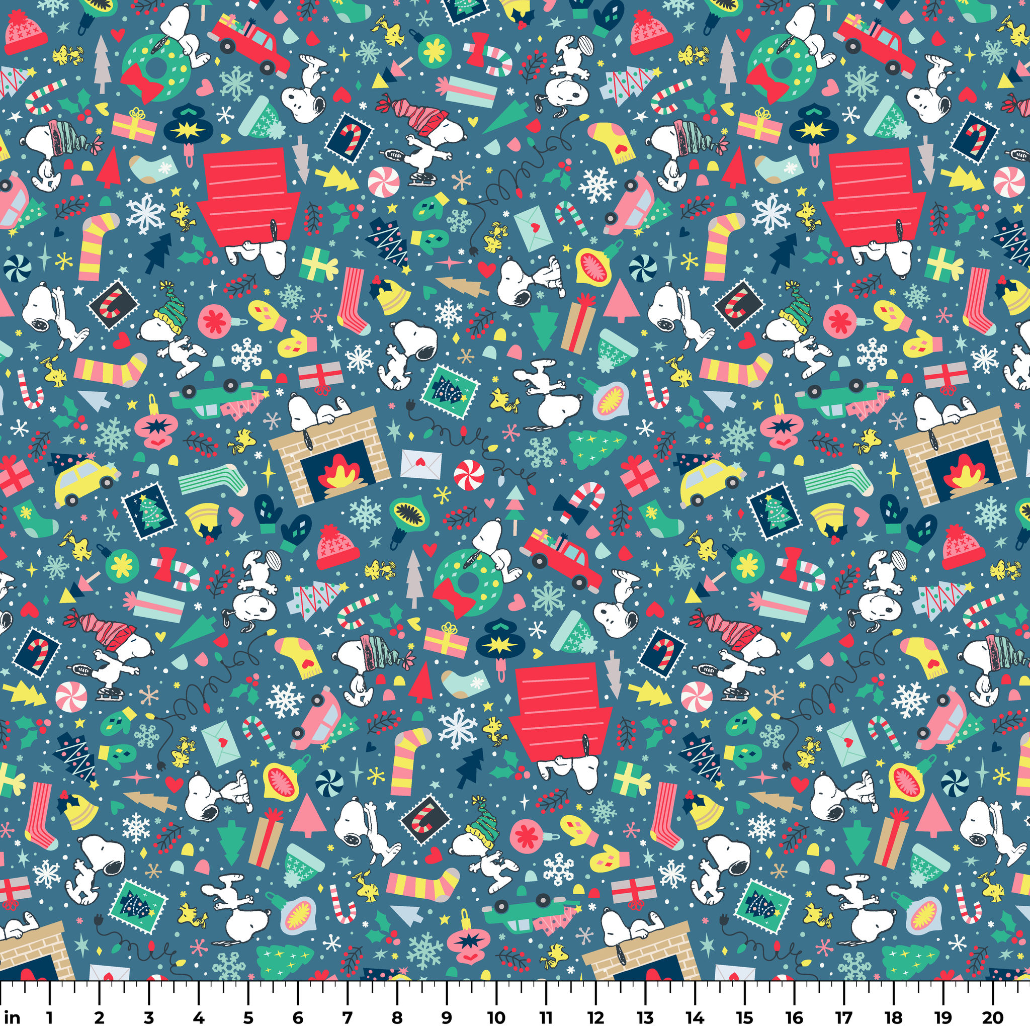 Colorful Peanuts Christmas pattern with festive icons, red mailboxes, presents, houses, and holiday symbols on teal background ruler