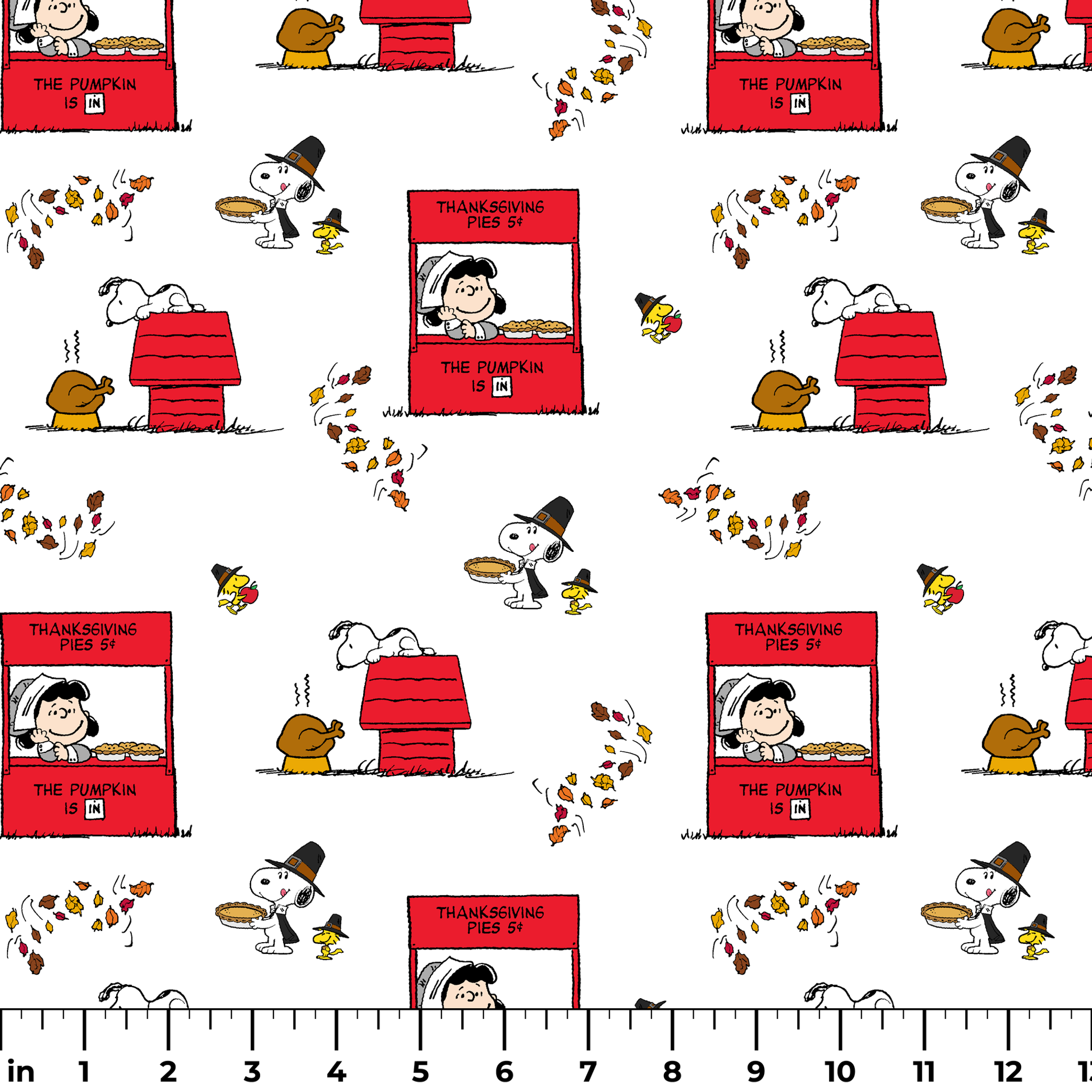 Peanuts Thanksgiving pattern with Snoopy, red booths, doghouses, and falling autumn leaves on white background ruler