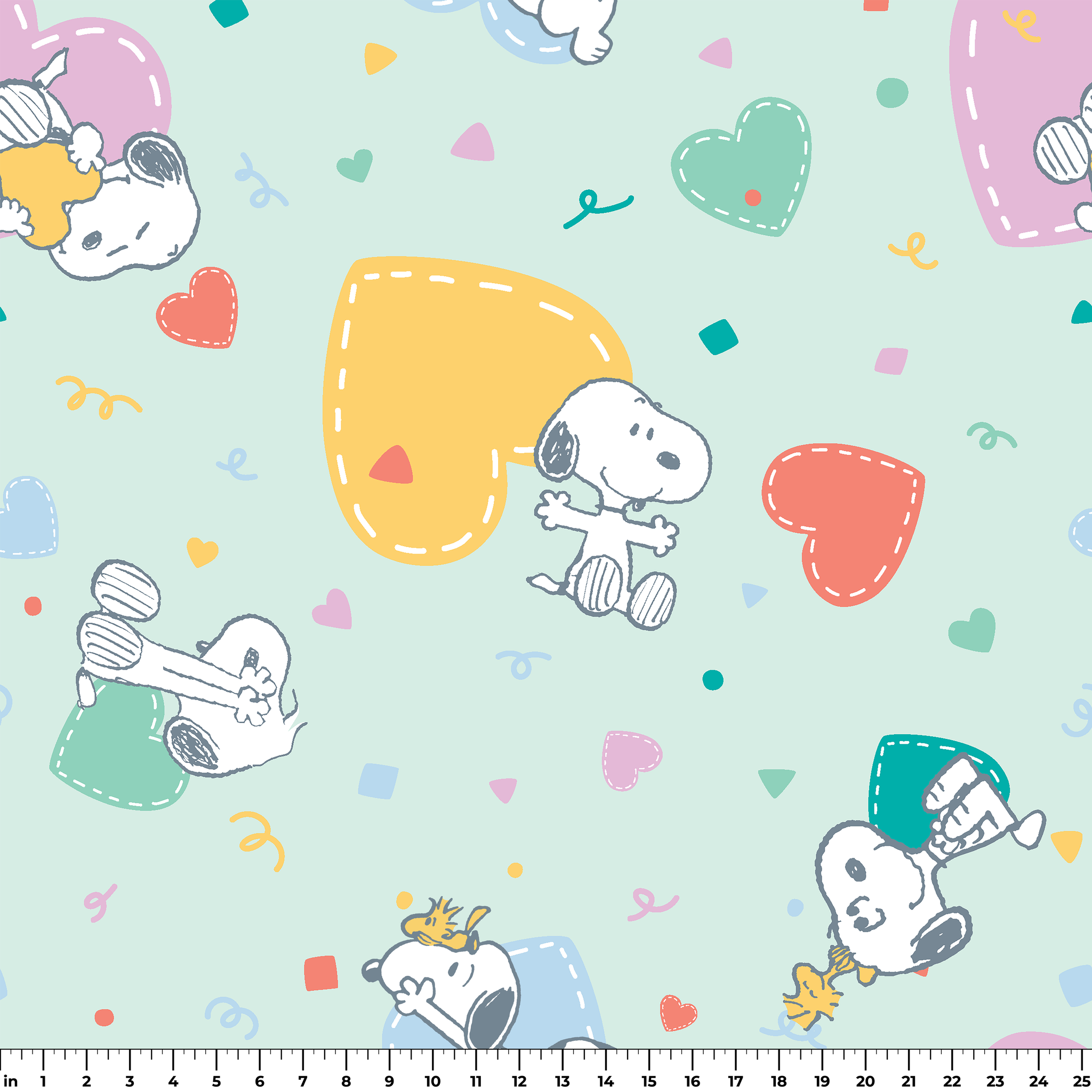 Cartoon Snoopy pattern with colorful hearts on mint green background, featuring different Snoopy poses ruler