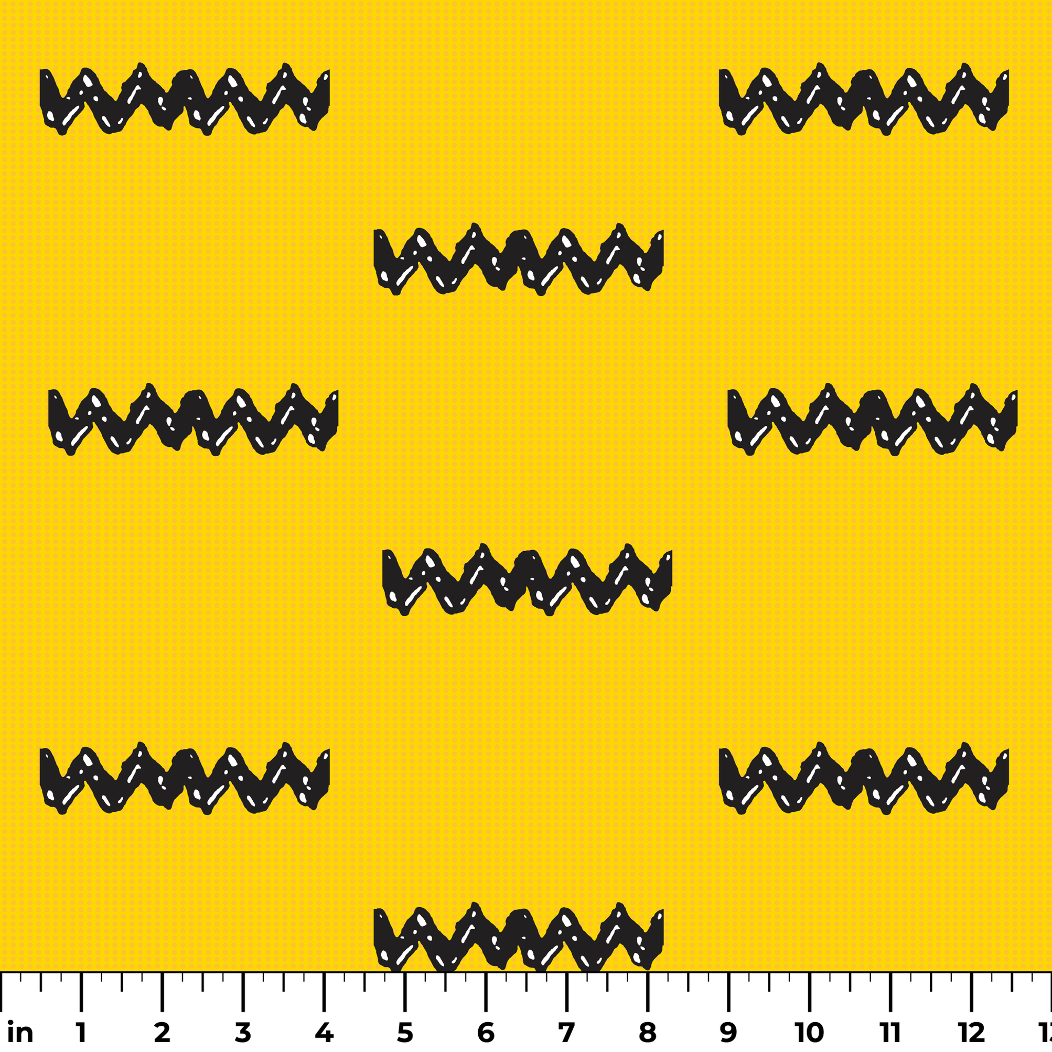 Black Charlie Brown zigzag patterns arranged in four rows against a bright yellow textured background ruler