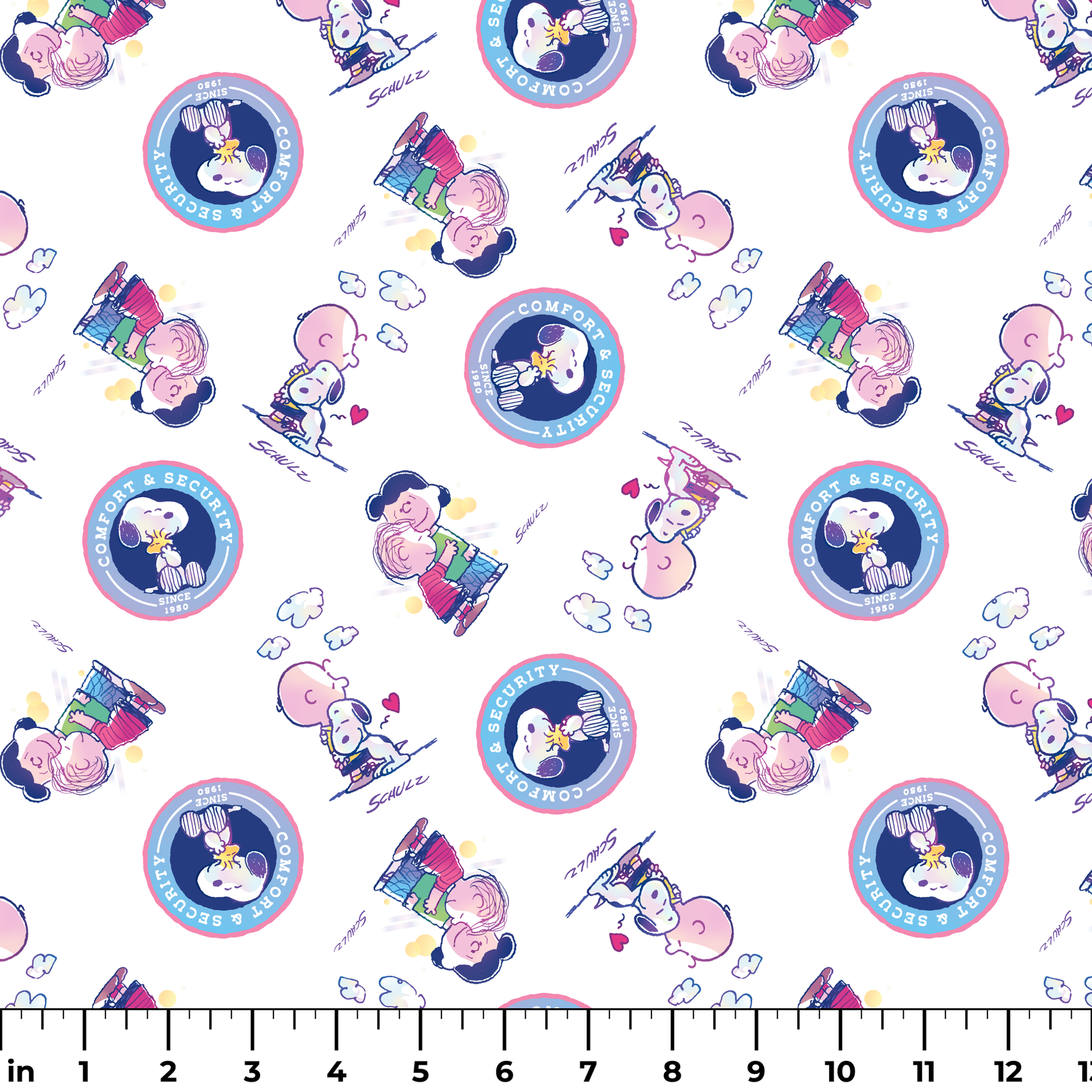 Peanuts cartoon pattern with Snoopy in blue circles and Charlie Brown with books on white background ruler