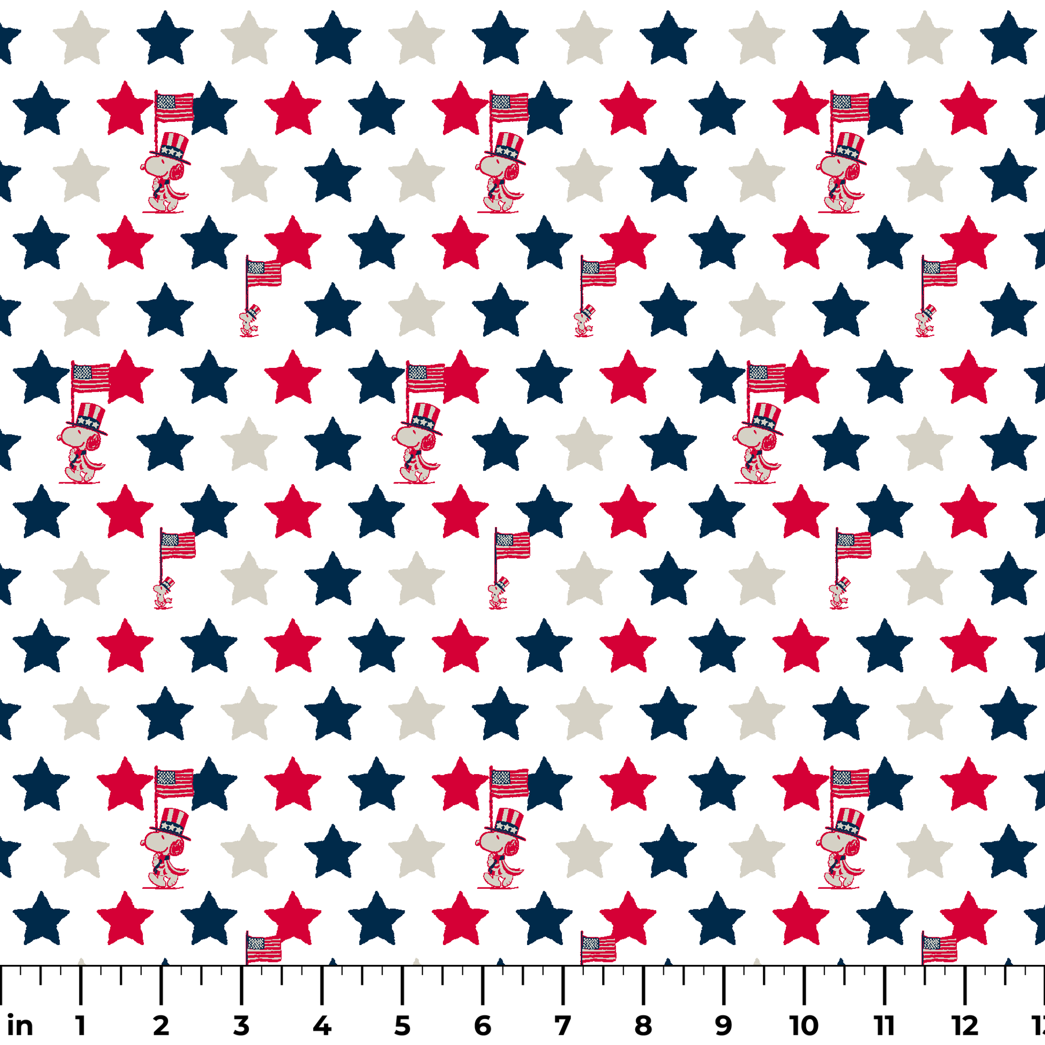 Peanuts Patriotic pattern with red, white, and blue stars alongside American flag poles on white background ruler