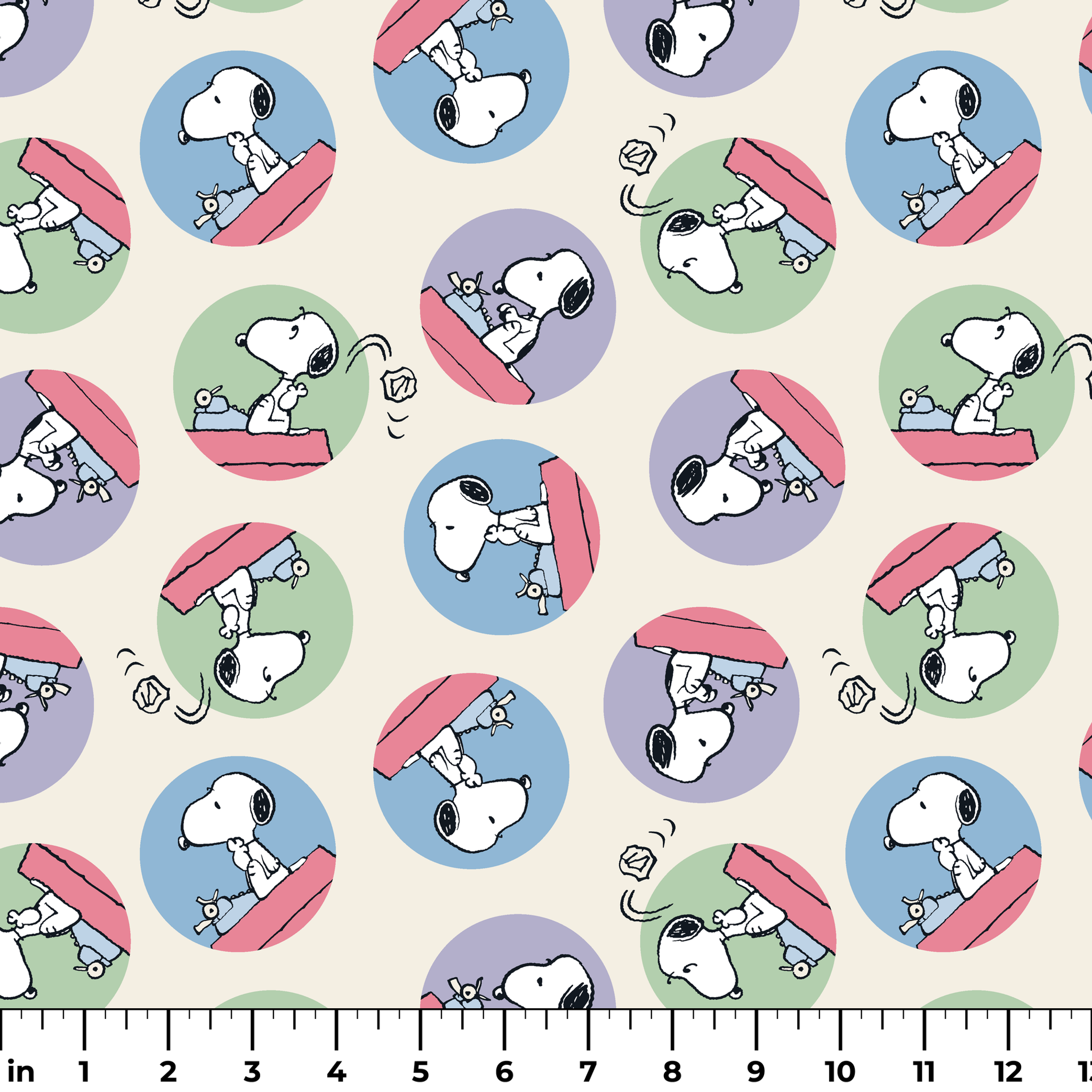 Cartoon Snoopy pattern with the beagle character in circular frames of blue, green, and purple backgrounds ruler