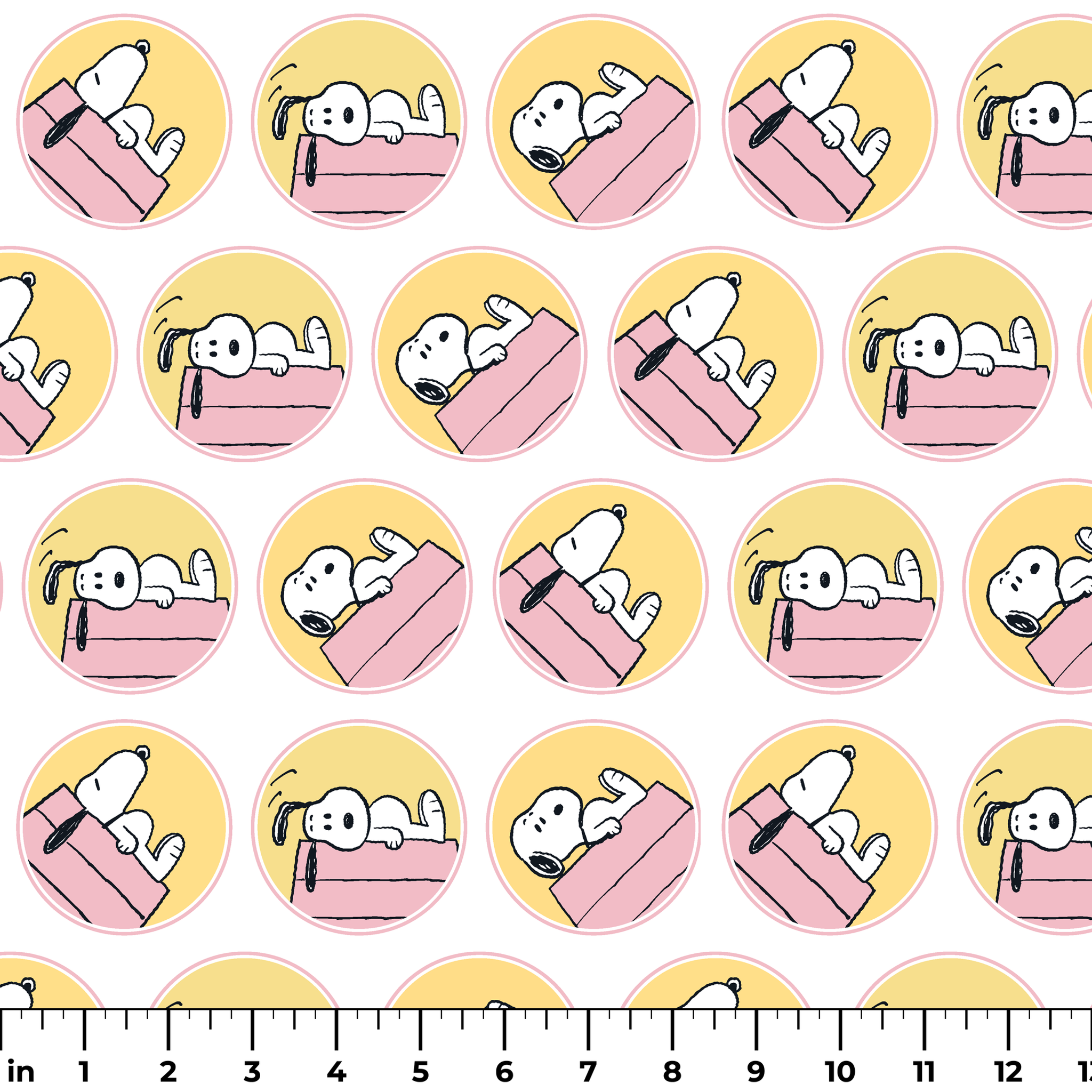 Snoopy lounging on pink doghouse roof in various poses, arranged in circular yellow frames ruler