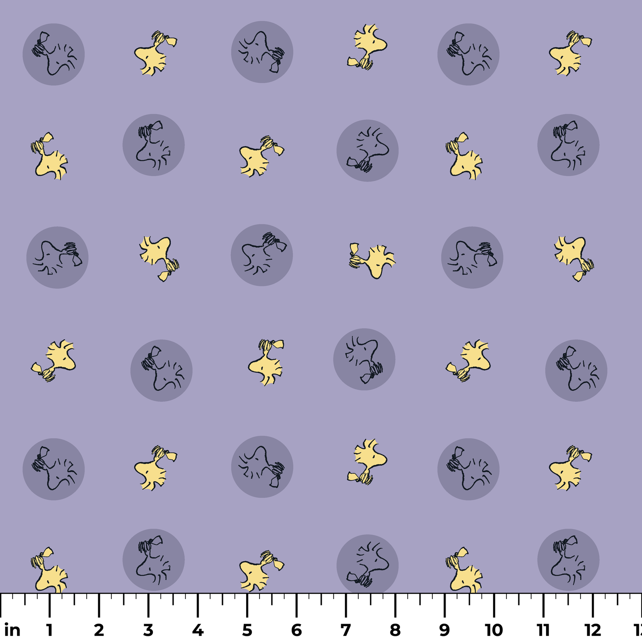 Woodstock alternating with gray circular silhouettes on purple background ruler