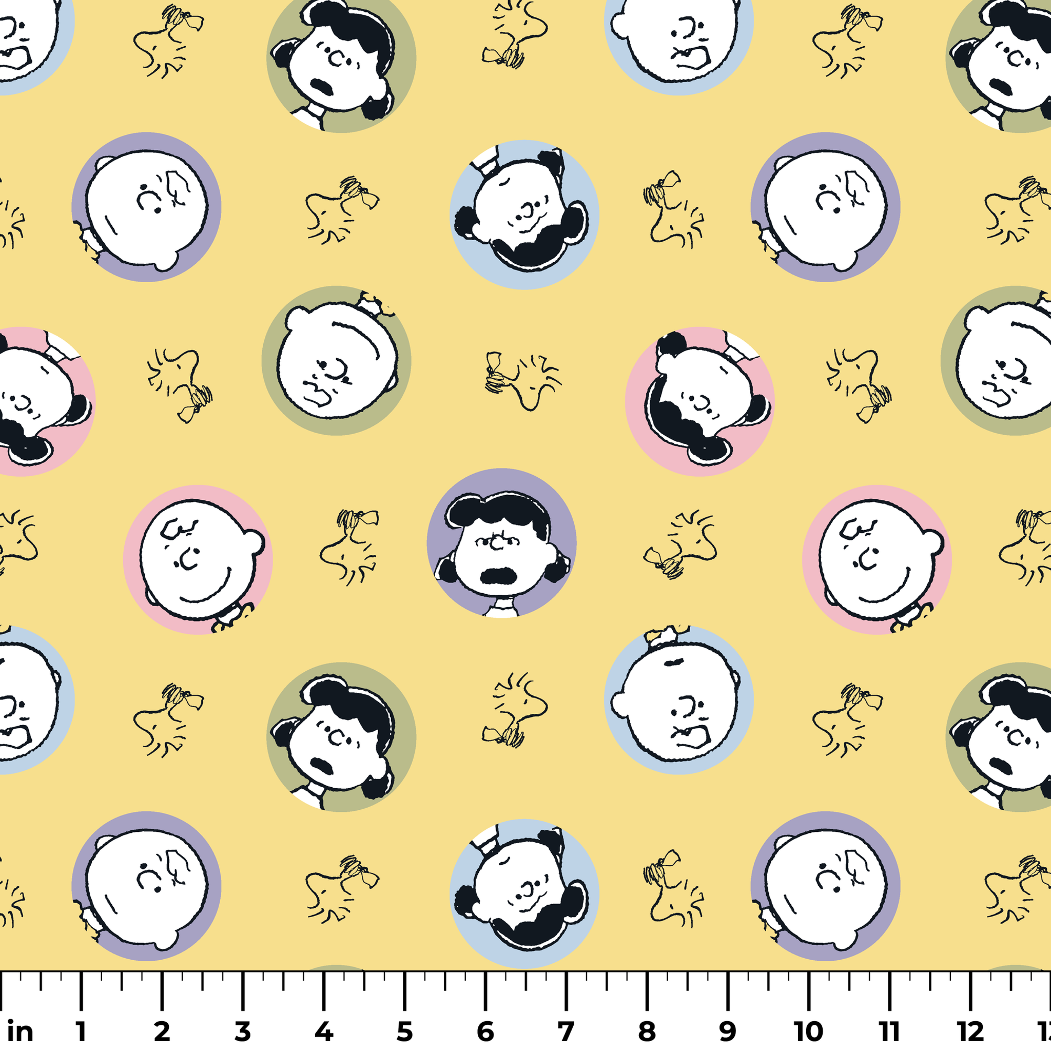 Peanuts characters pattern with Charlie Brown and friends in circular frames on yellow background with Woodstock silhouettes ruler