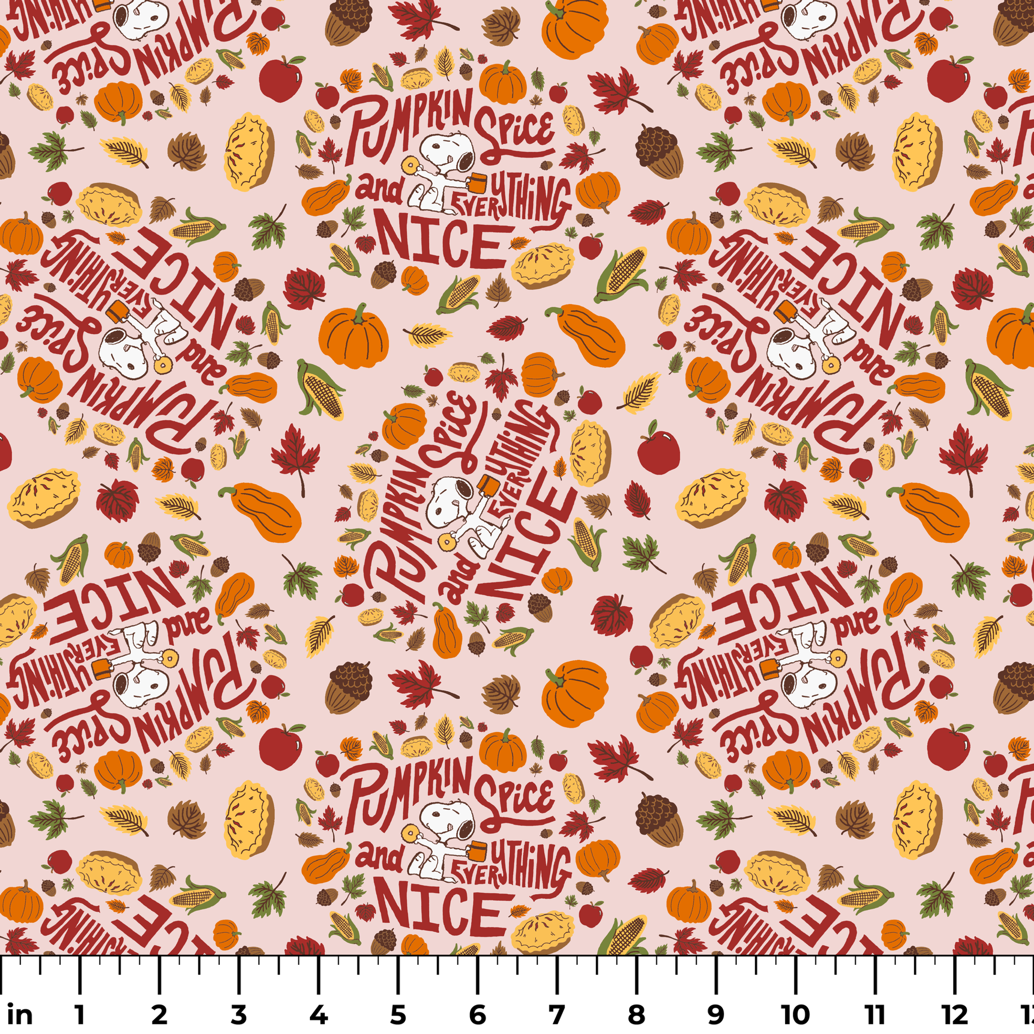 Fall Peanuts pattern with pumpkin spice phrases, autumn leaves, pumpkins, pine cones and Snoopy characters on a beige background ruler