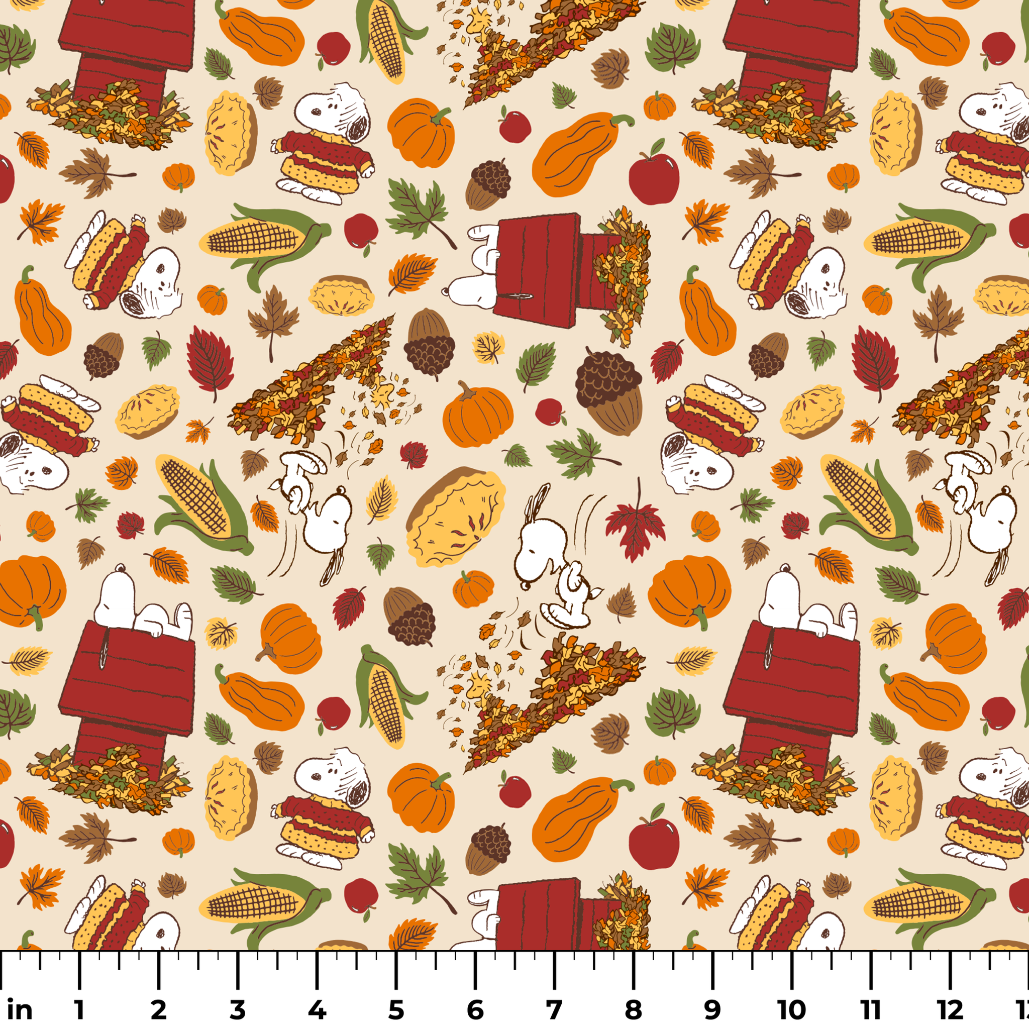 Fall themed pattern with Snoopy, red doghouses, pumpkins, corn, sandwiches, and autumn leaves on cream background ruler
