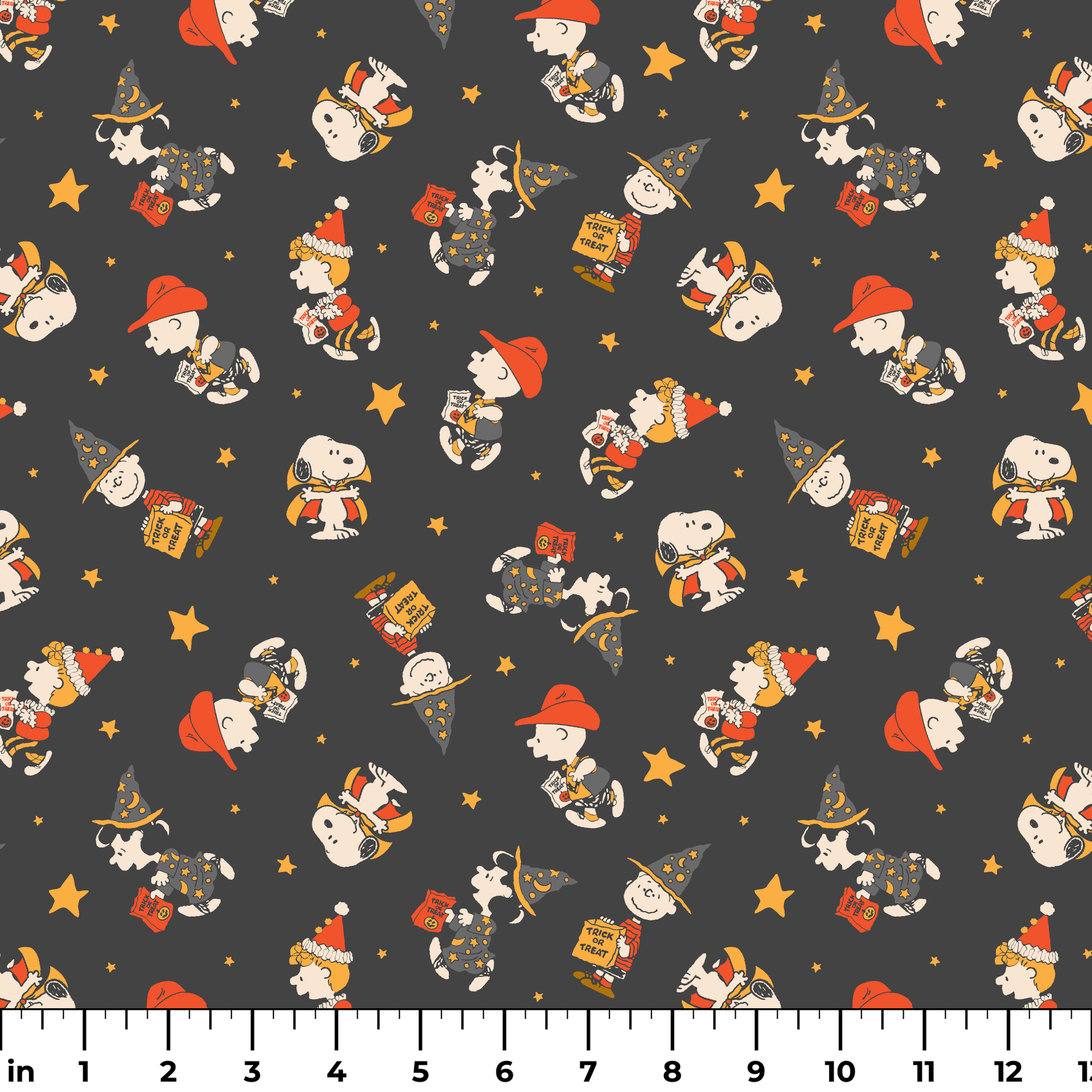 Snoopy cartoon pattern on dark gray background with characters in Halloween costumes and golden stars ruler