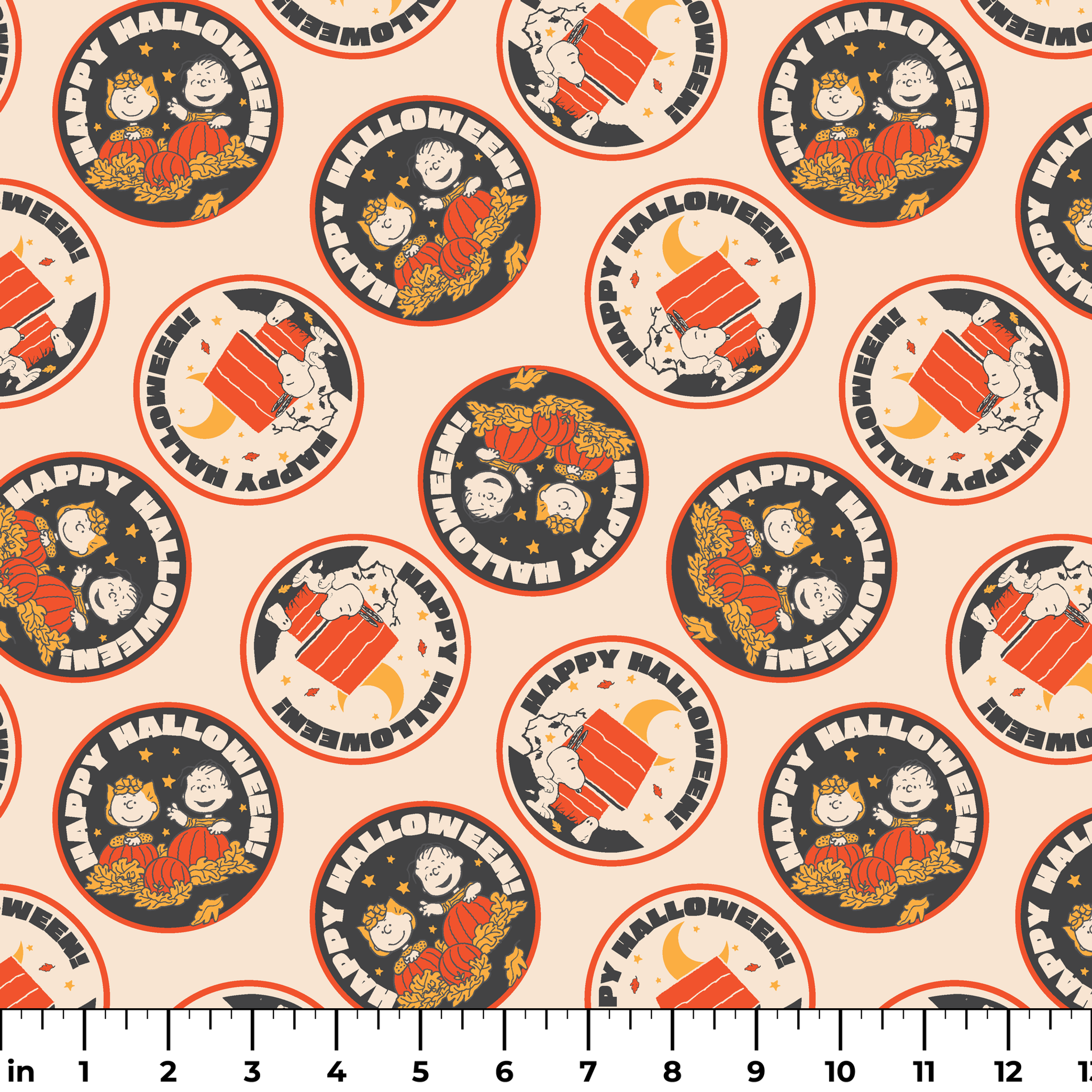 Peanuts Halloween pattern with circular badges featuring characters and "Happy Halloween" text on beige background ruler
