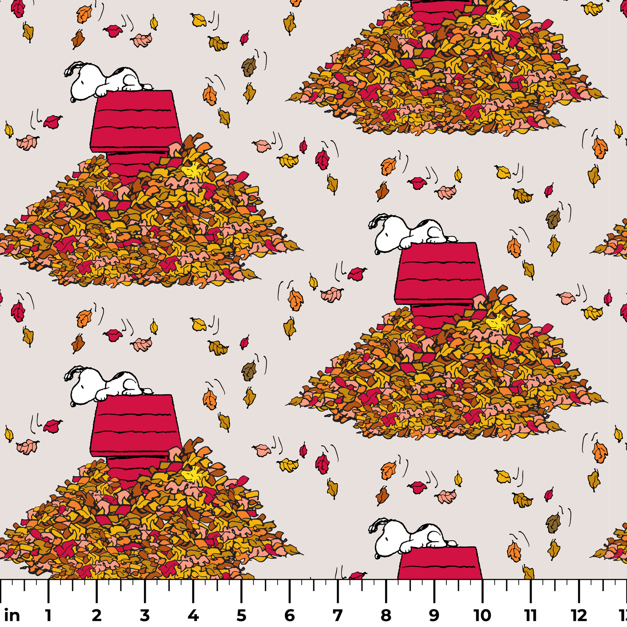 Snoopy and red doghouse on colorful autumn leaf piles with falling leaves pattern on beige background ruler