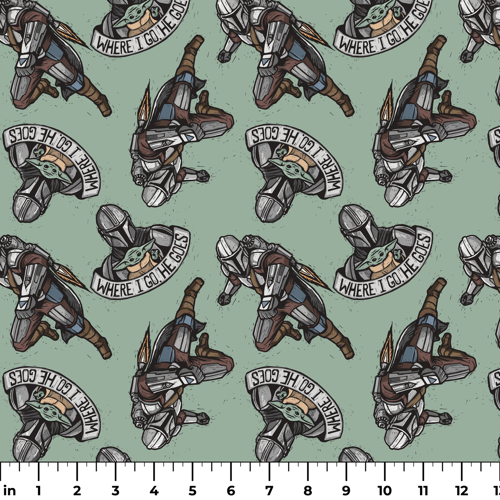 Star Wars-themed pattern featuring Mandalorian helmets with "Where I go, the child goes" banners on mint green background. ruler
