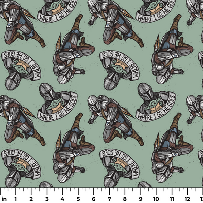 Star Wars-themed pattern featuring Mandalorian helmets with "Where I go, the child goes" banners on mint green background. ruler