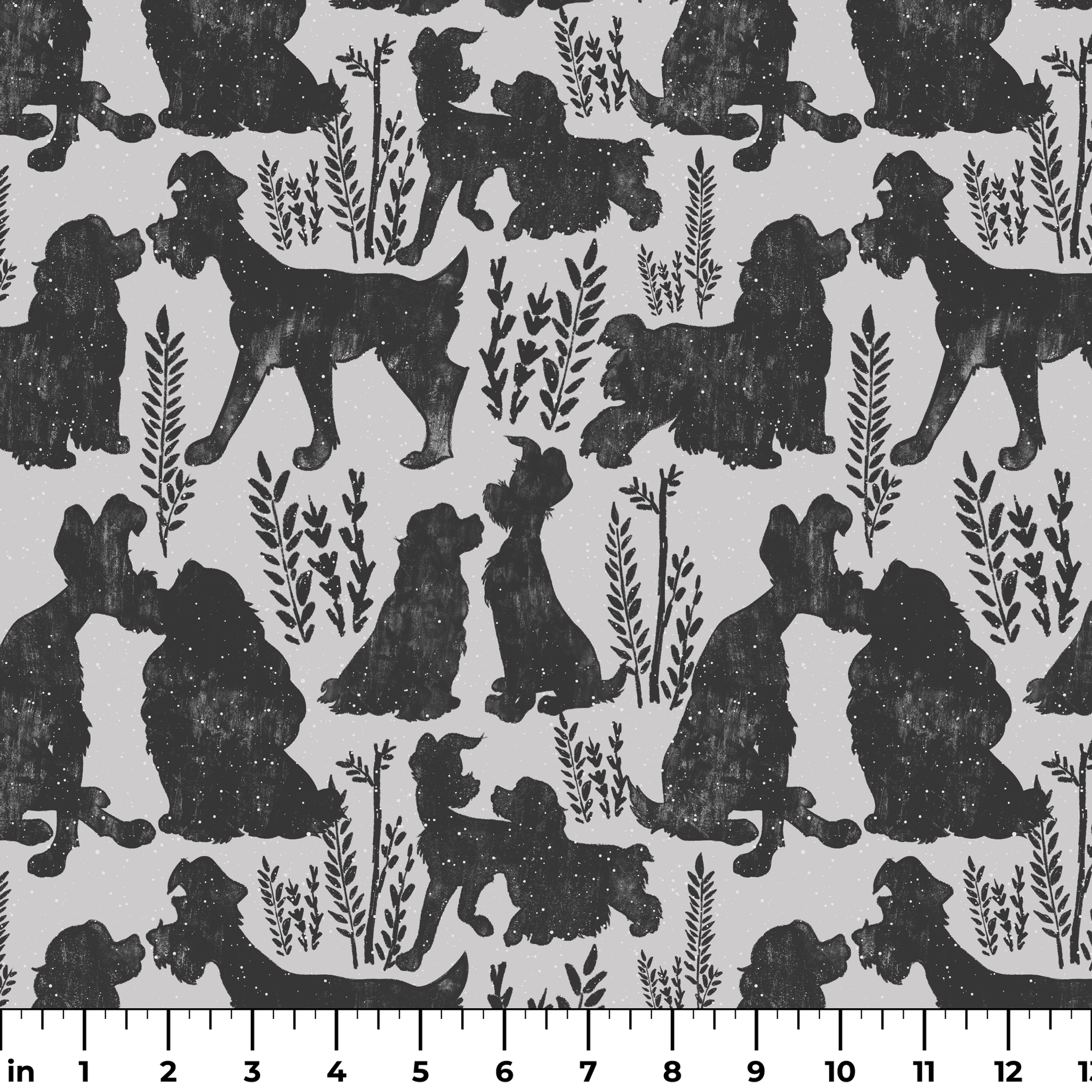 Repeating pattern of black dog silhouettes with decorative plant motifs on a light gray background ruler