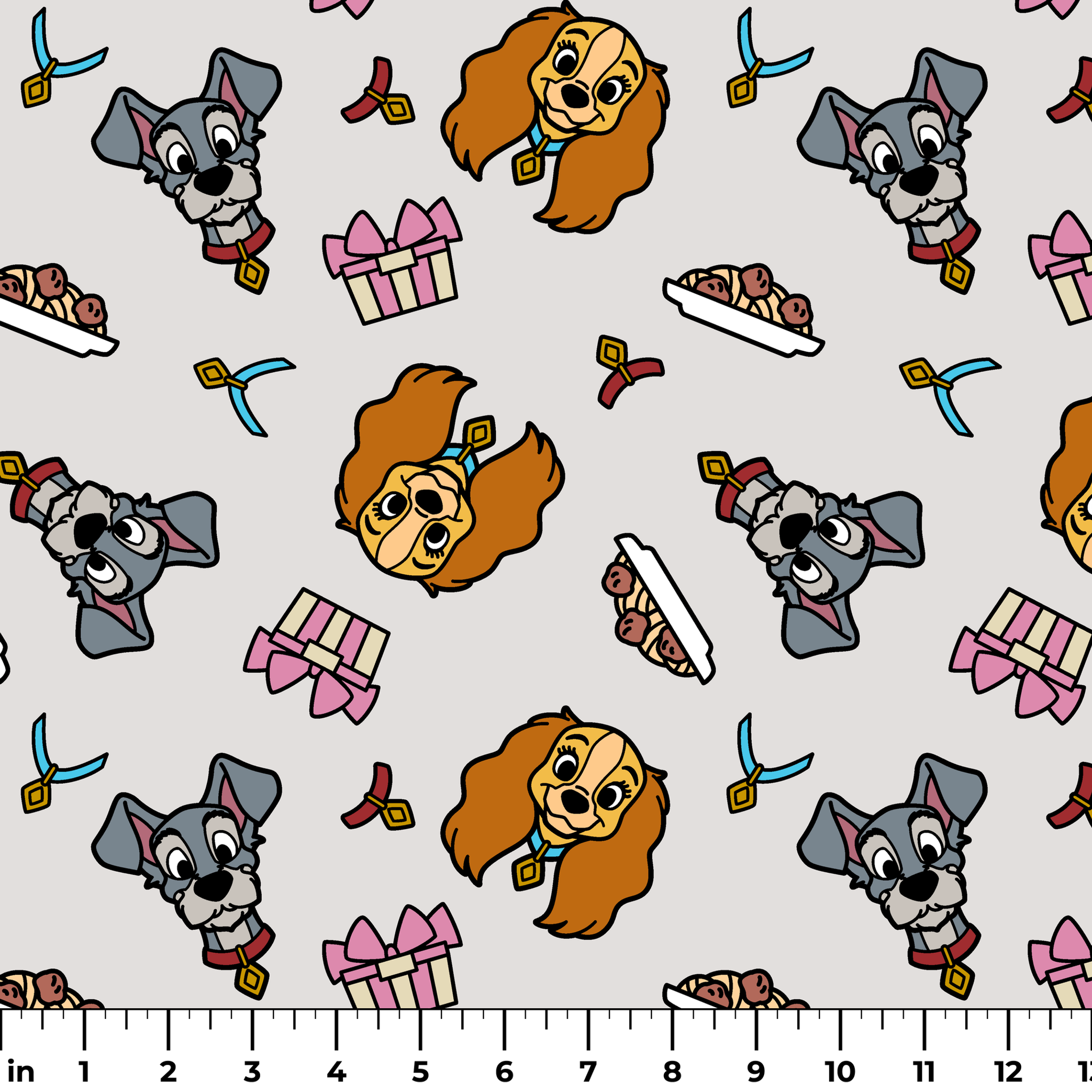 Cartoon pattern featuring Lady and Tramp dogs, gift boxes, bones, and ribbons on light gray background ruler
