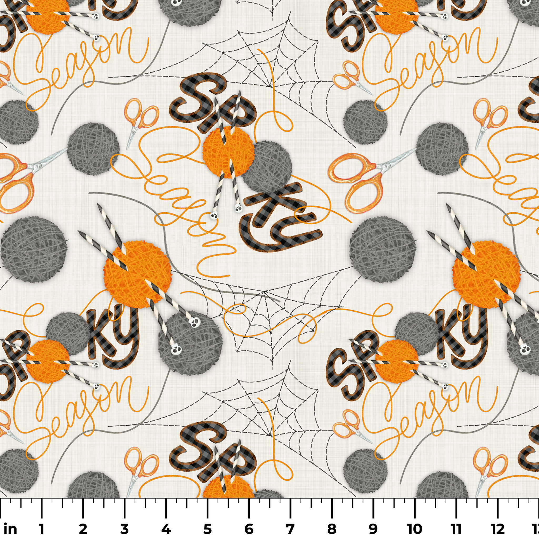Halloween design by Nicole Tamarin featuring orange and gray yarn balls, scissors, spiderwebs, and “Spooky Season” lettering on a cream background. ruler