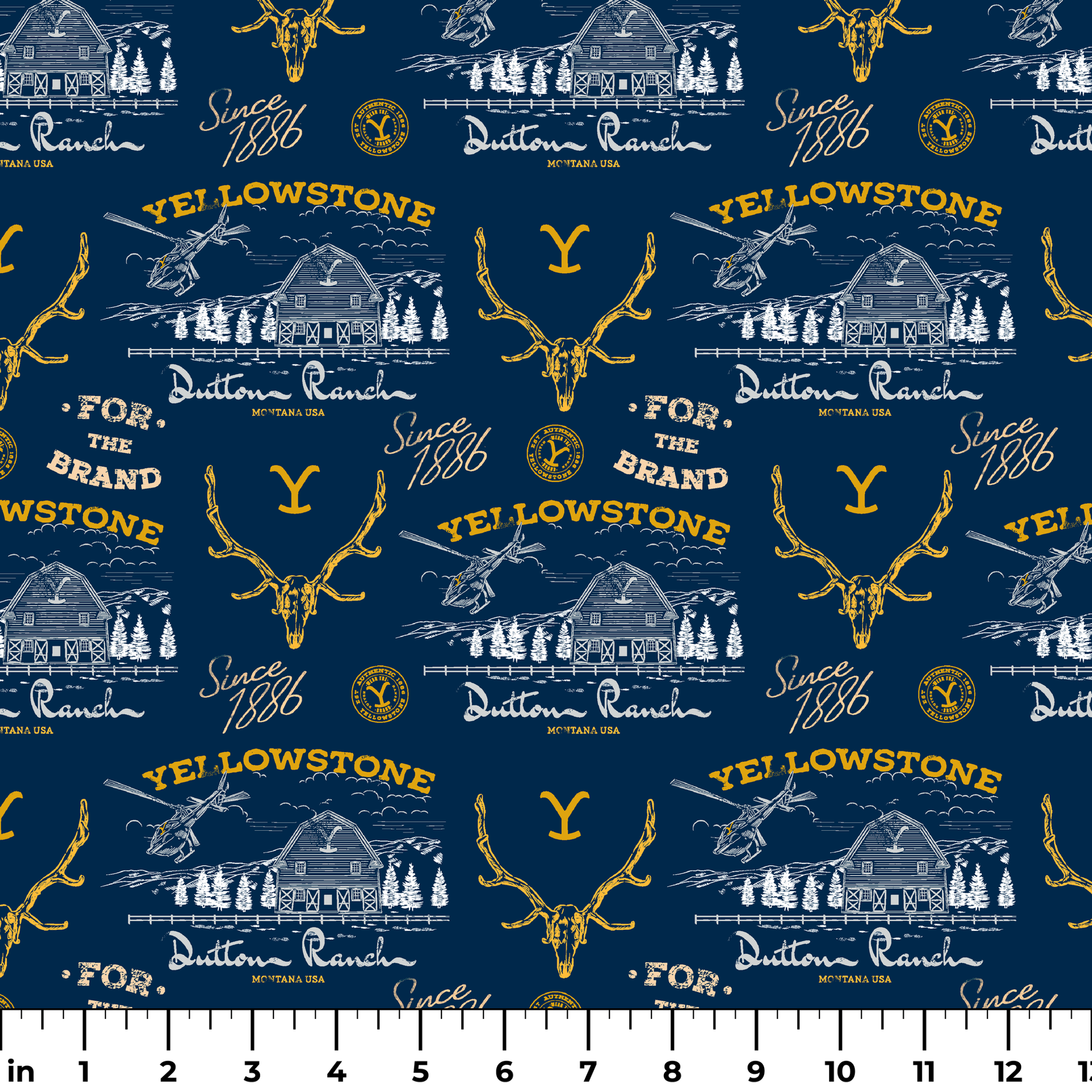 Yellowstone-themed pattern with Dutton Ranch logos, deer antlers, and "Y" branding on navy blue background ruler