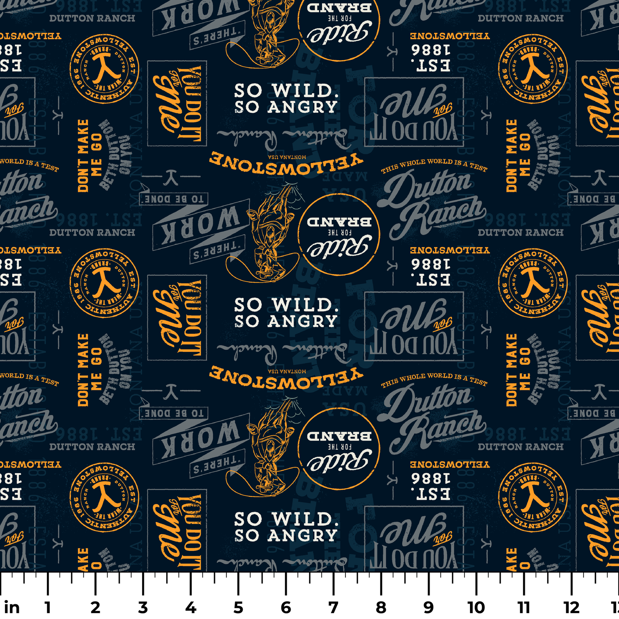Yellowstone patch design with distressed western typography and quotes in gold and ivory on a black background. ruler