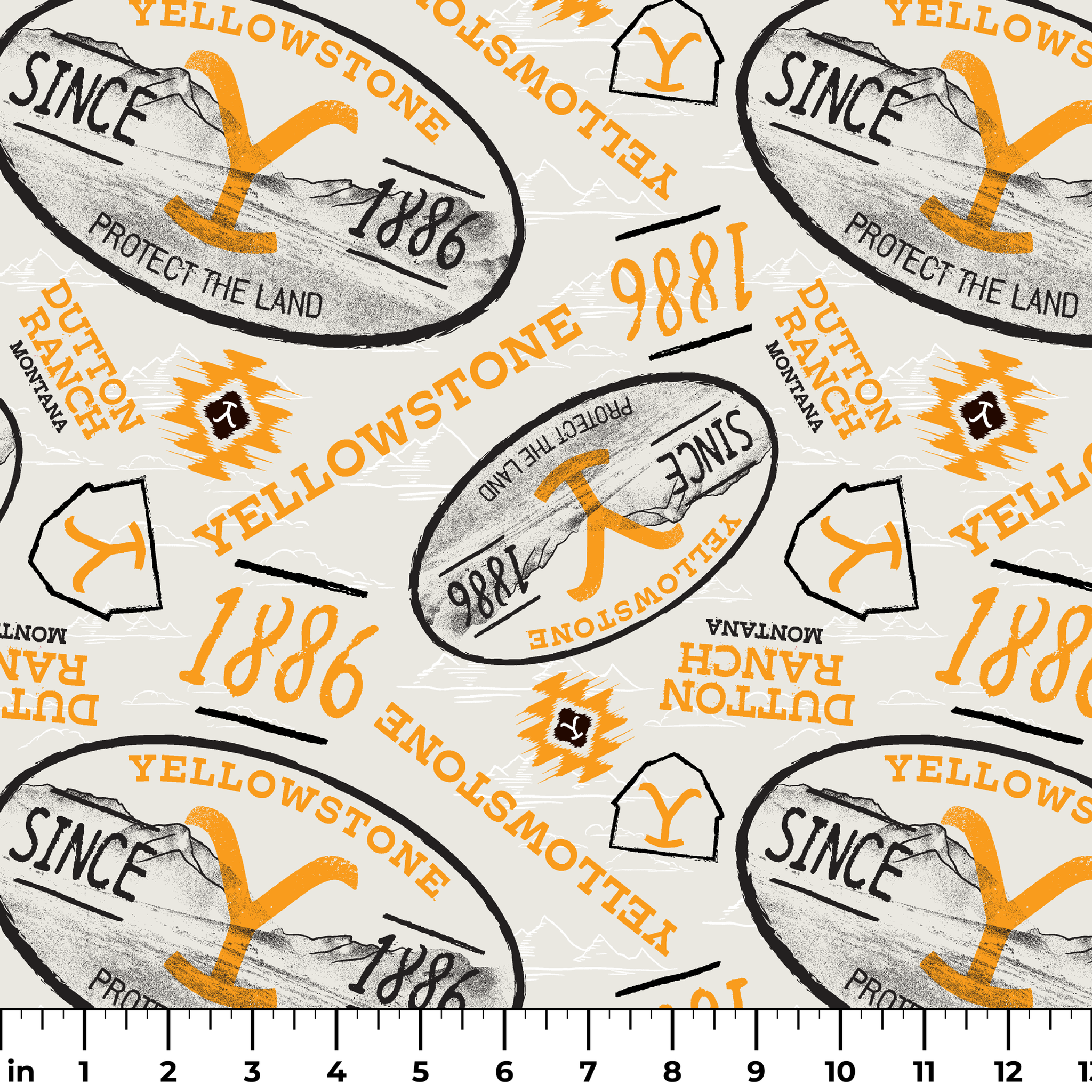 Yellowstone-themed design with black and gold badge graphics, “Protect the Land” text, and Dutton Ranch icons on a cream background. ruler