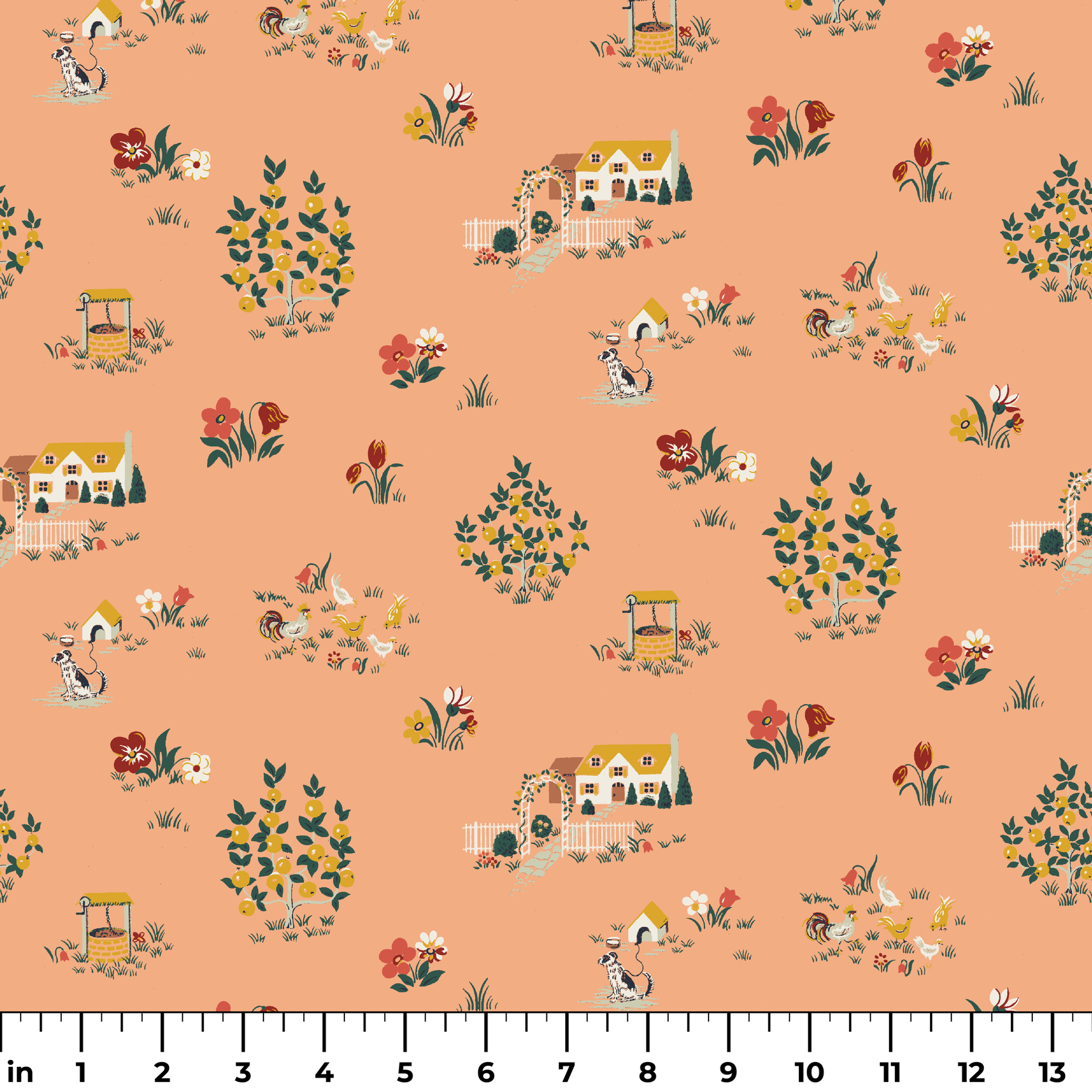 Vintage cottage scene design with houses, flowers, and animals on a peach background from the Springs Archive ruler