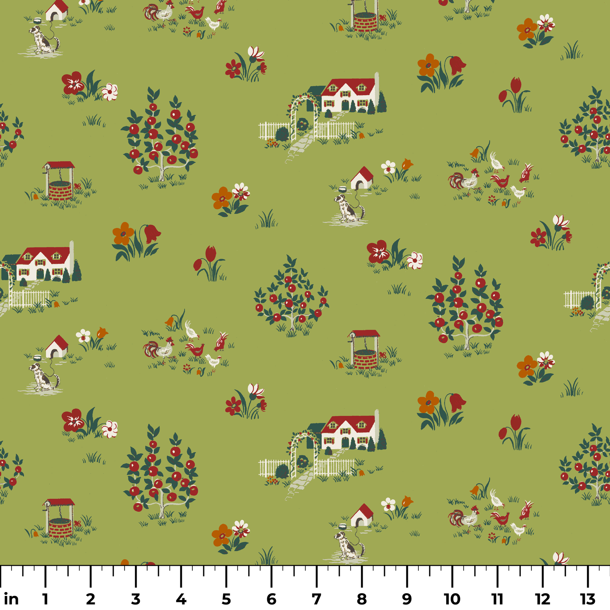 Scenic cottage garden design with vintage houses, flowers, and animals on olive green ruler