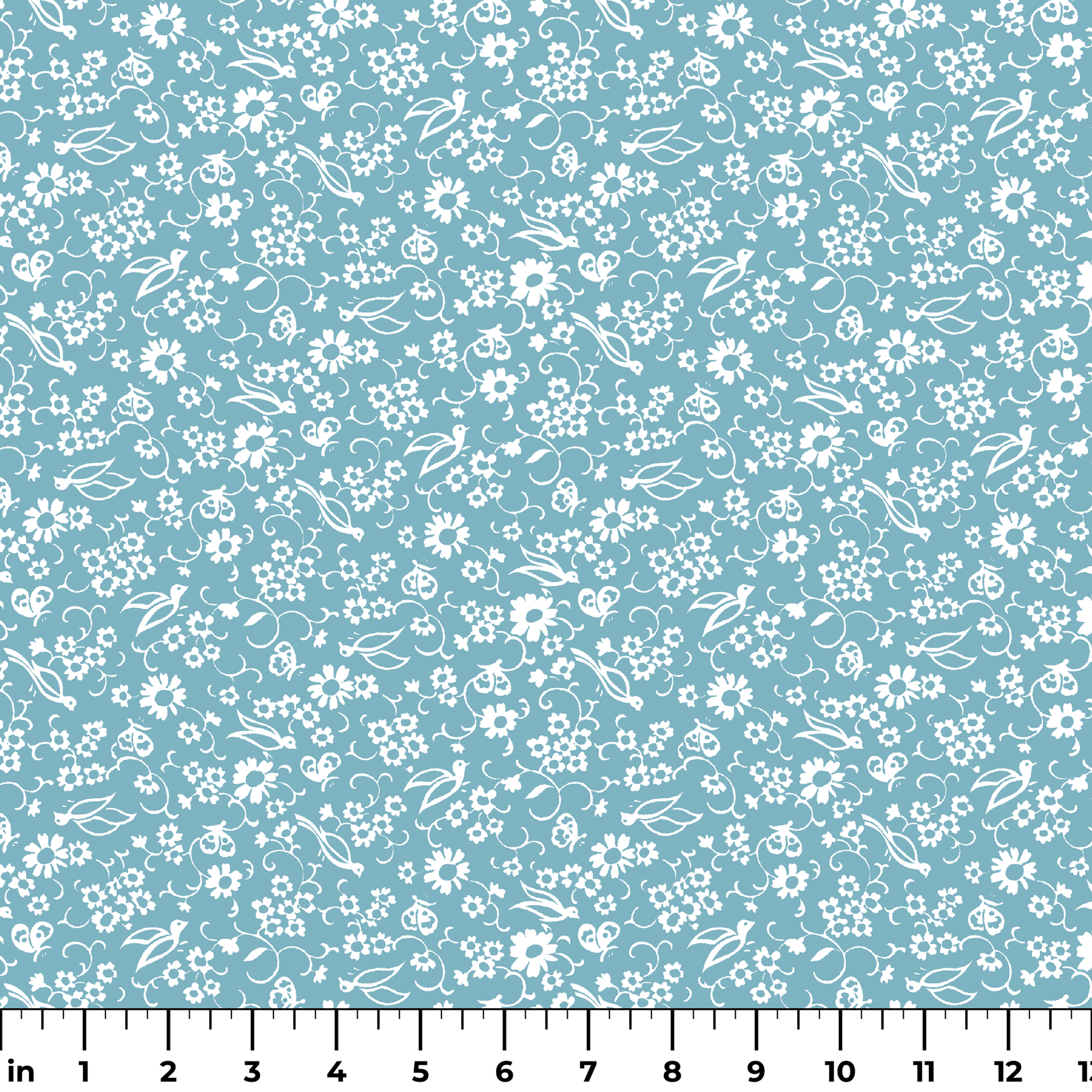 White vintage-style bird and floral silhouettes on a dusty blue background. ruler