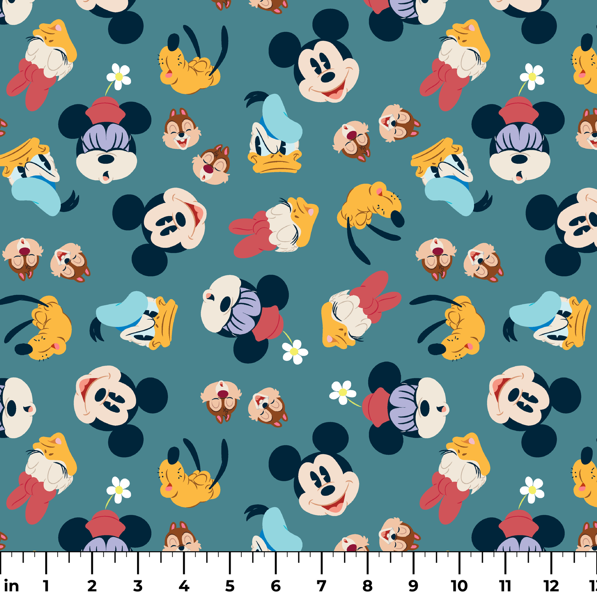 Disney cartoon characters pattern with Mickey Mouse, Donald Duck, and Pluto on teal background with small flowers ruler