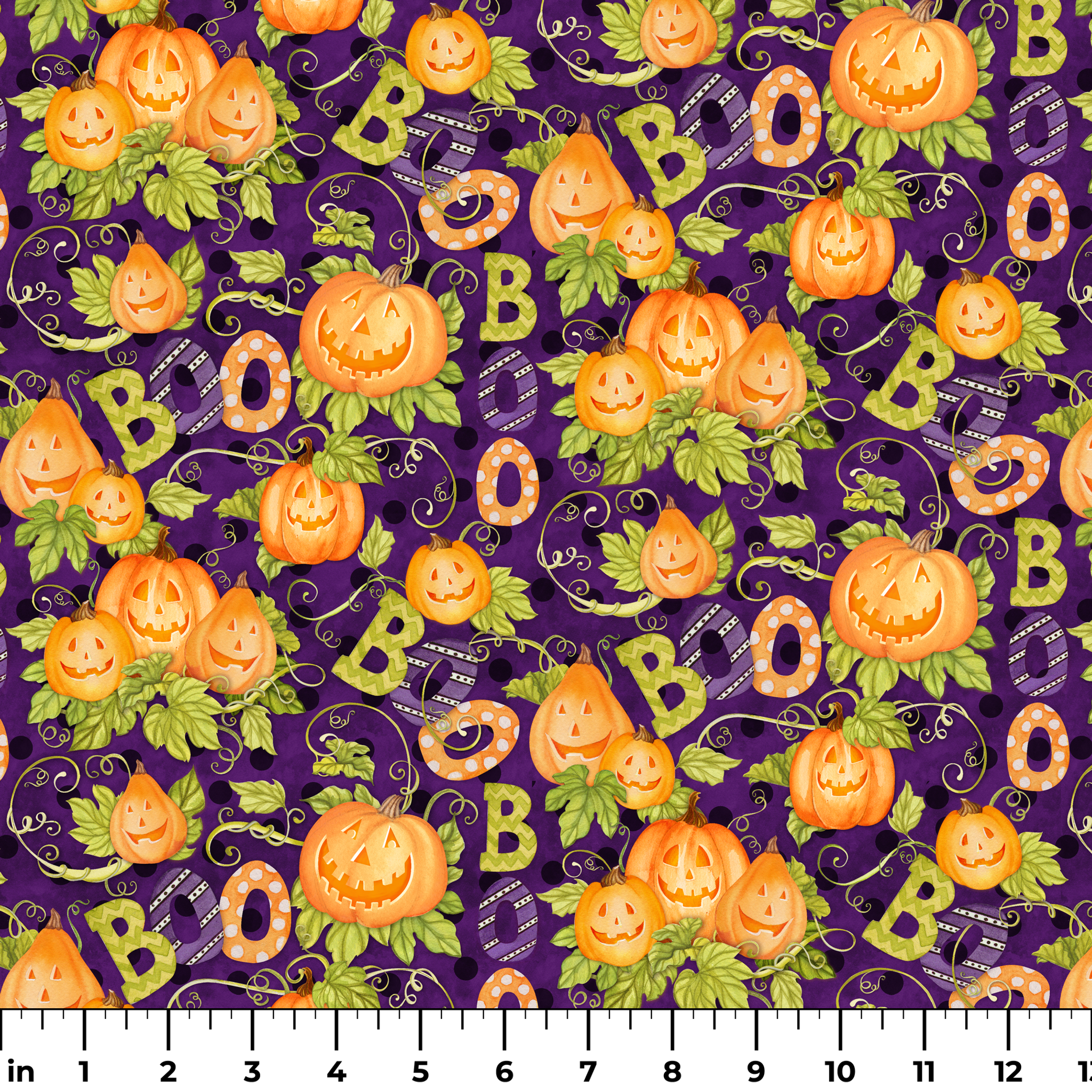 Halloween fabric by Nicole Tamarin with smiling jack-o’-lanterns, “BOO” text, vines, and leaves on a purple background. ruler