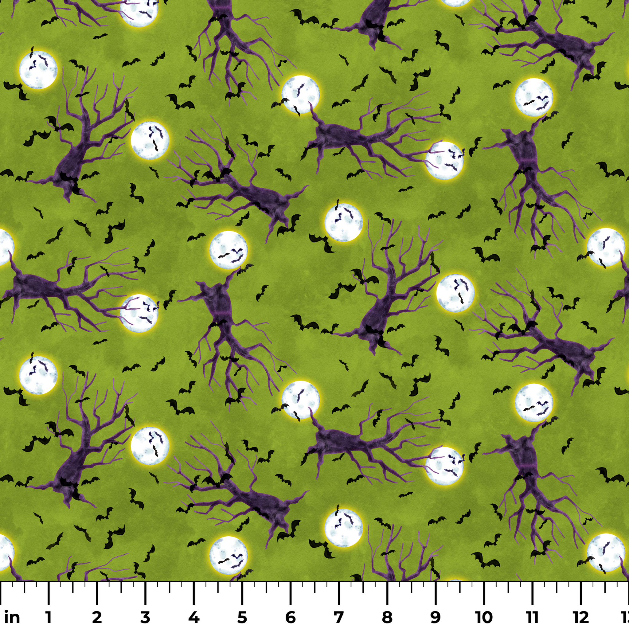 Halloween fabric design with purple haunted trees, bats, and glowing moons on a green background, illustrated by Nicole Tamarin. ruler