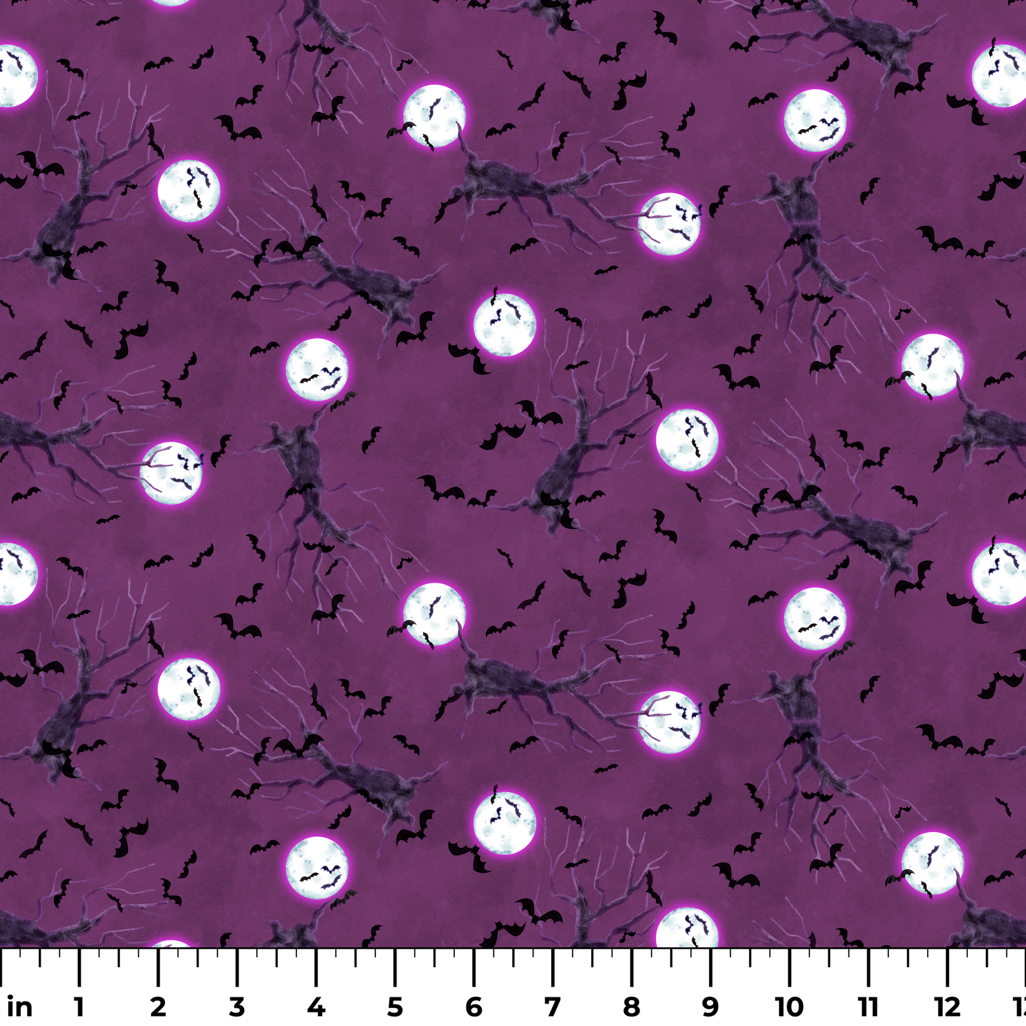Halloween fabric design with spooky trees, bats, and glowing full moons on a purple background, illustrated by Nicole Tamarin. ruler