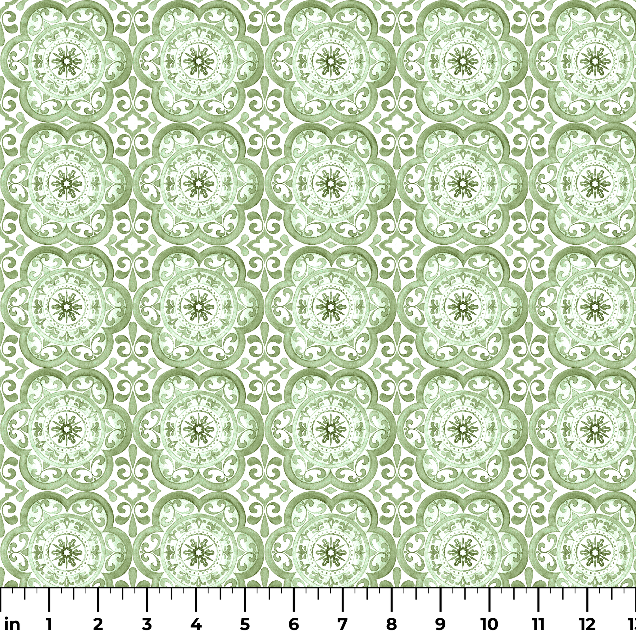 Green medallion tile-inspired pattern by Nicole Tamarin, featuring ornate floral details in a repeating square layout. ruler