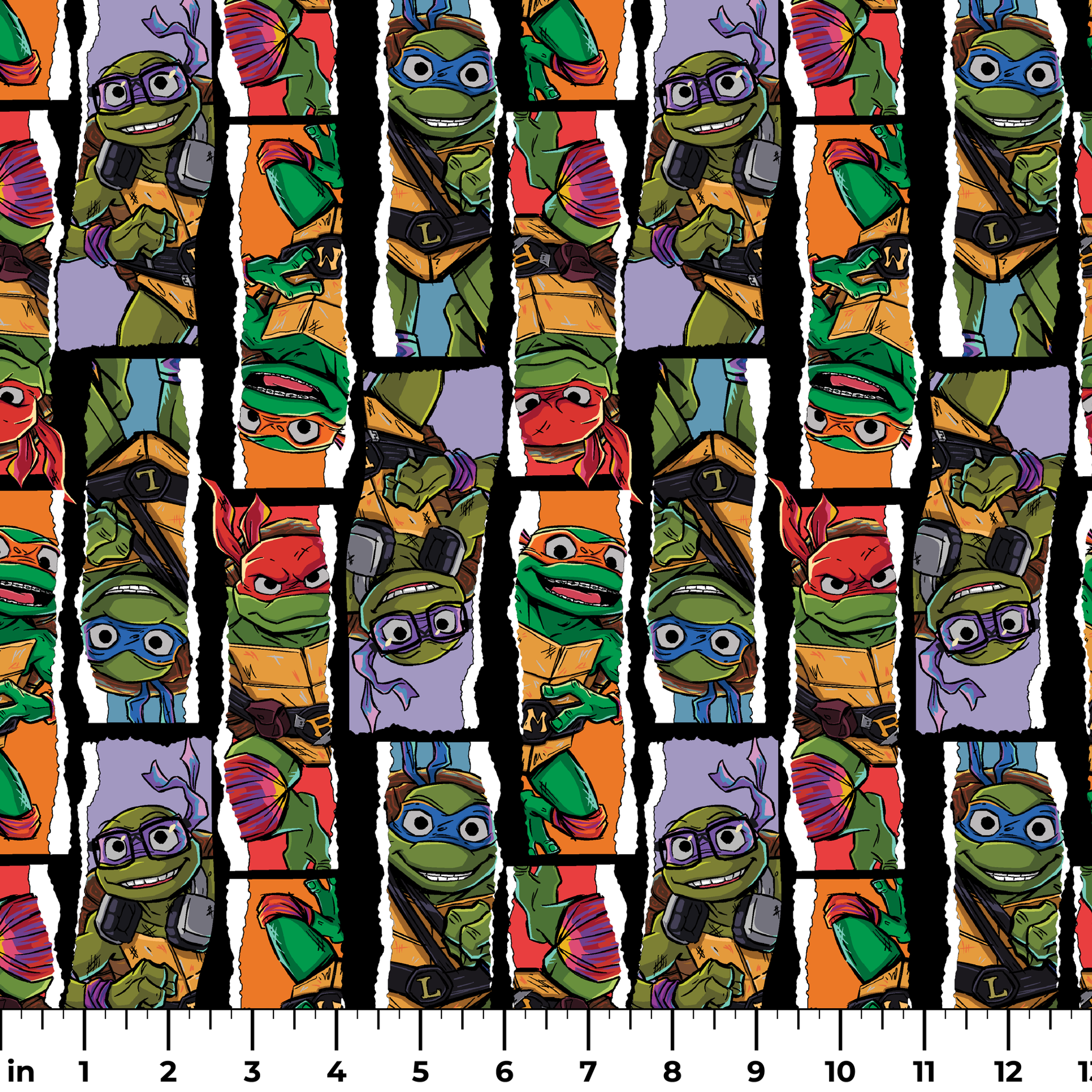 Teenage Mutant Ninja Turtles torn panel design with Leonardo, Donatello, Michelangelo, and Raphael in colorful comic-style art by Nickelodeon. ruler