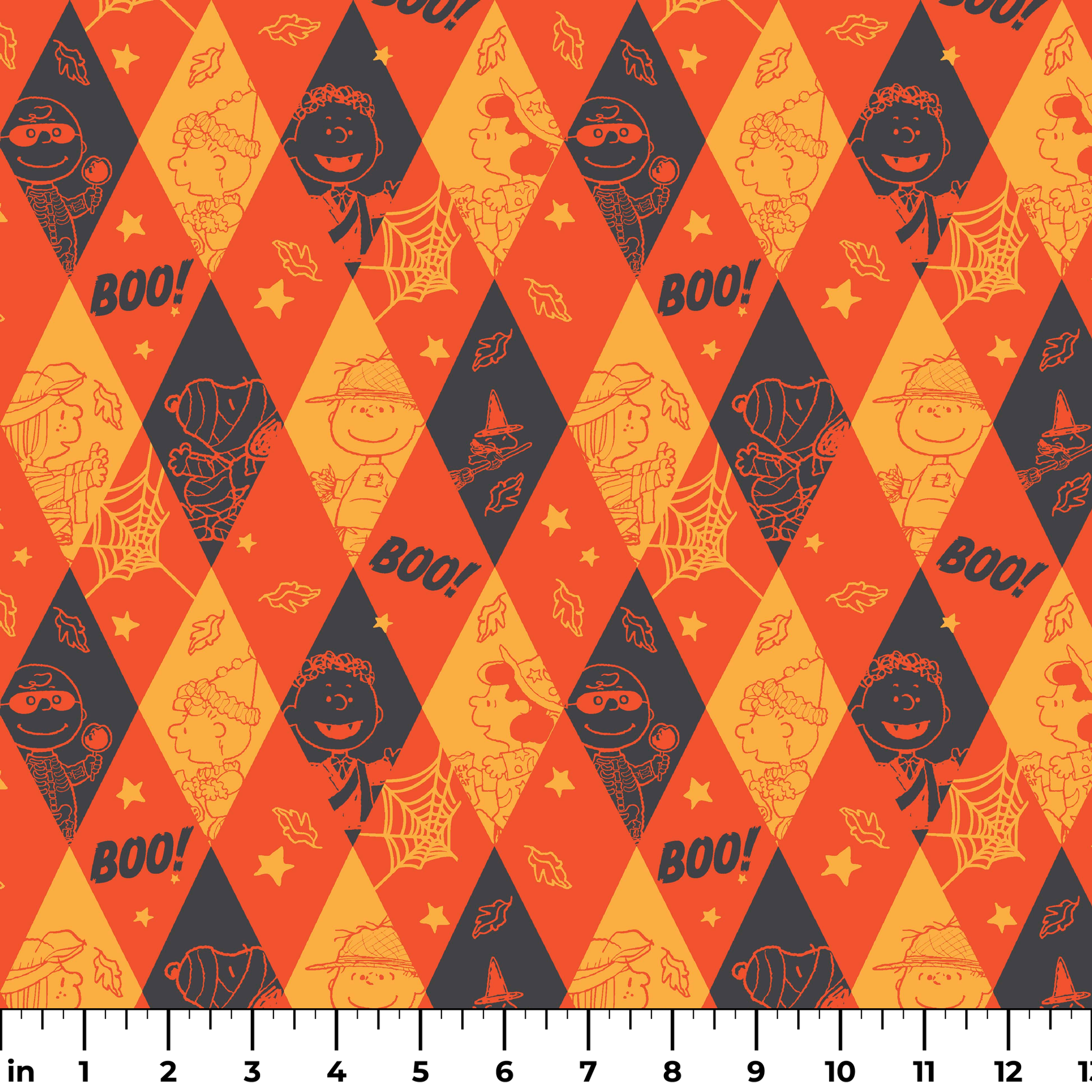 Peanuts Halloween pattern with diamond shapes in orange, yellow, and black featuring Peanuts characters in costumes, webs, "BOO!" text, and seasonal decorations ruler