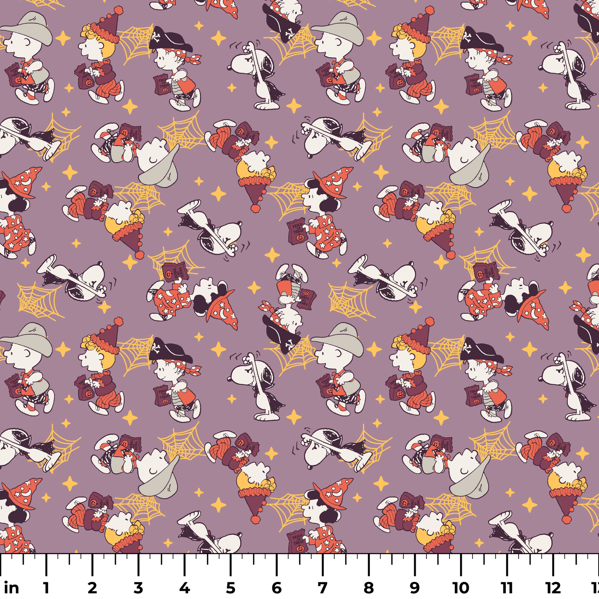 Snoopy and Peanuts characters in fall outfits with pumpkins and stars on purple background ruler
