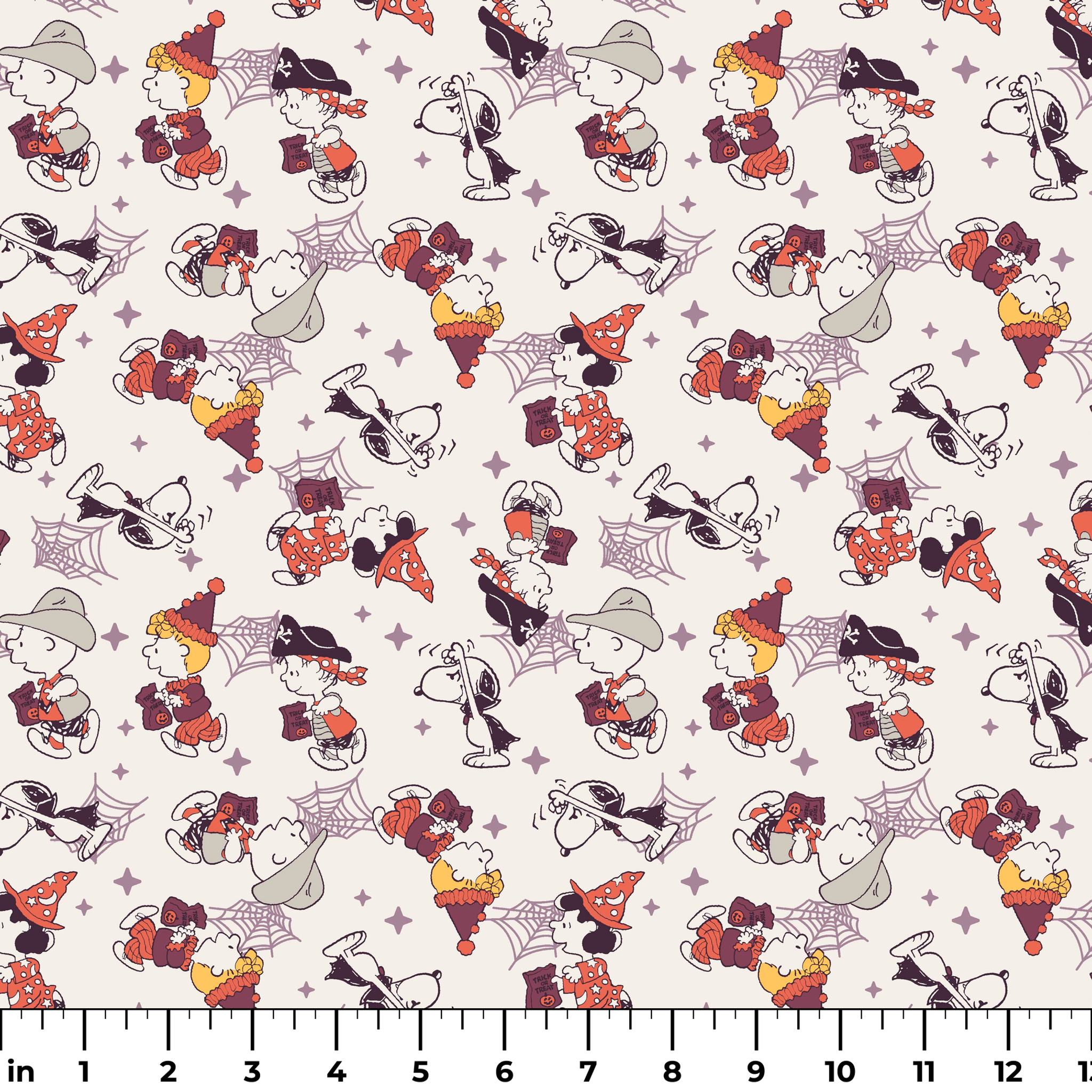 Peanuts characters in Halloween costumes including Snoopy, Charlie Brown, and friends on white background ruler