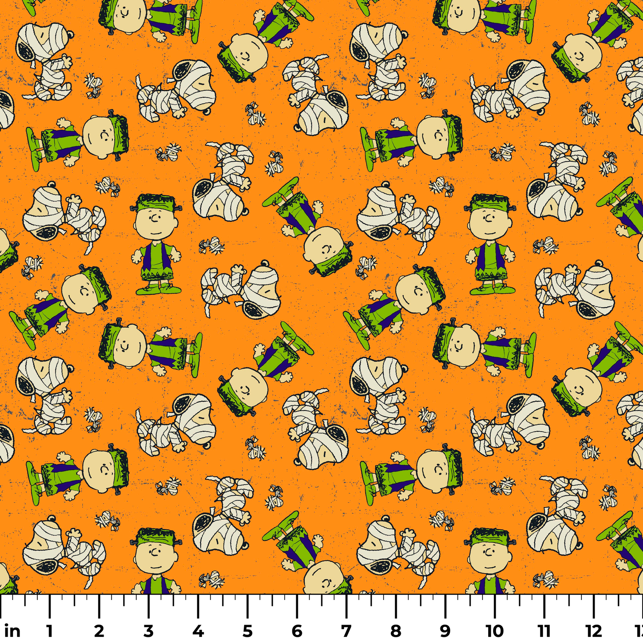 Peanuts characters pattern on orange background with Charlie Brown, Snoopy, and friends scattered throughout ruler
