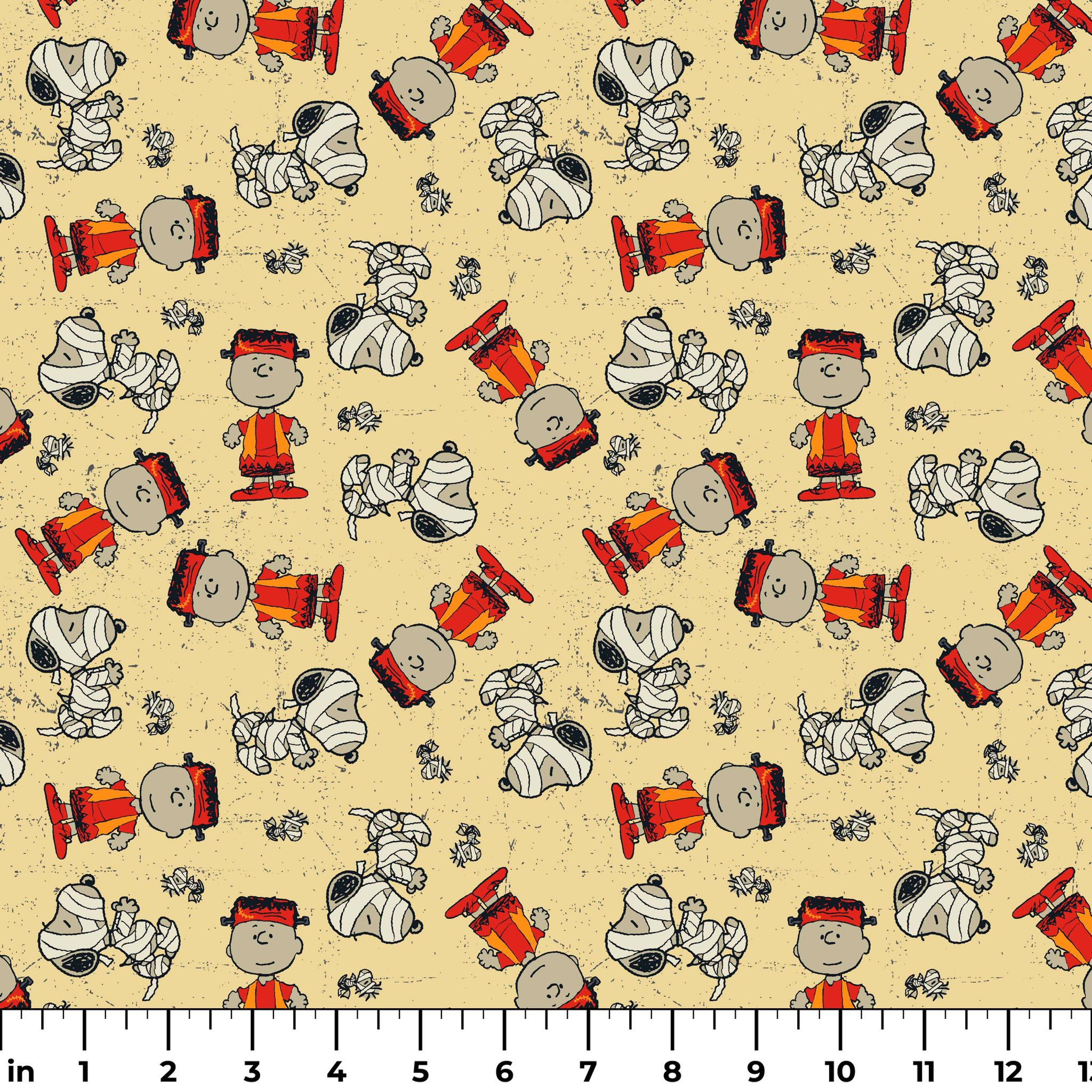 Peanuts characters pattern with Charlie Brown and Snoopy in halloween attire on beige background ruler
