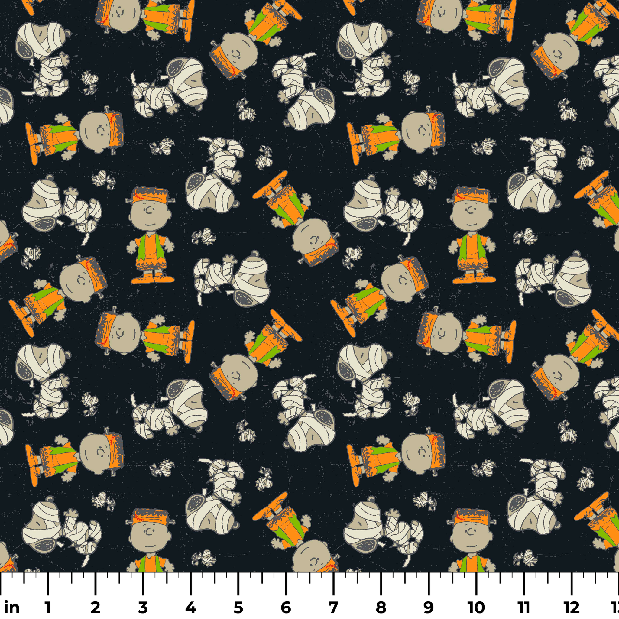 Peanuts characters pattern on black background featuring Snoopy and Charlie Brown in fall outfits ruler