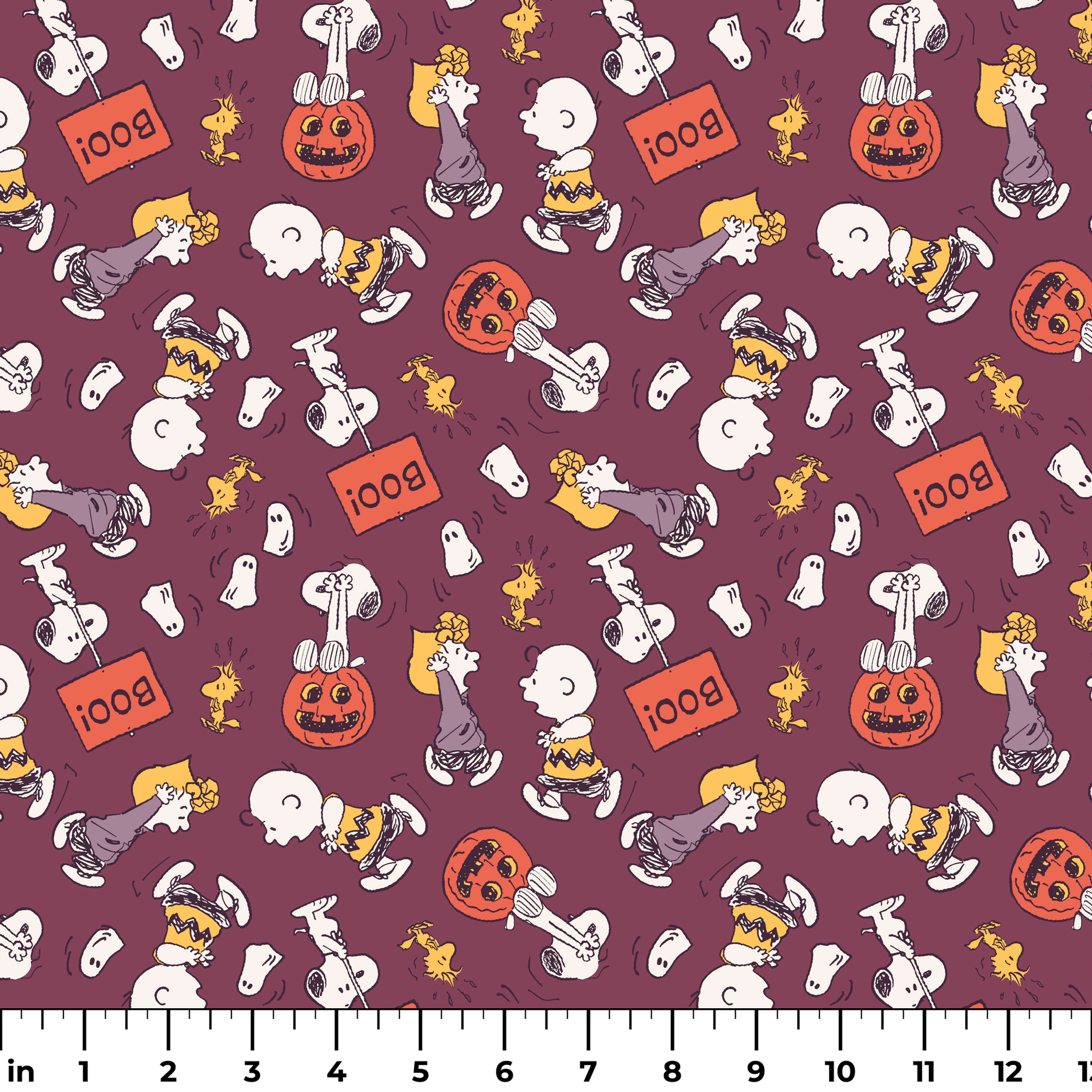 Snoopy and Woodstock Halloween pattern on purple background with pumpkins, ghosts, and "boo!" text ruler