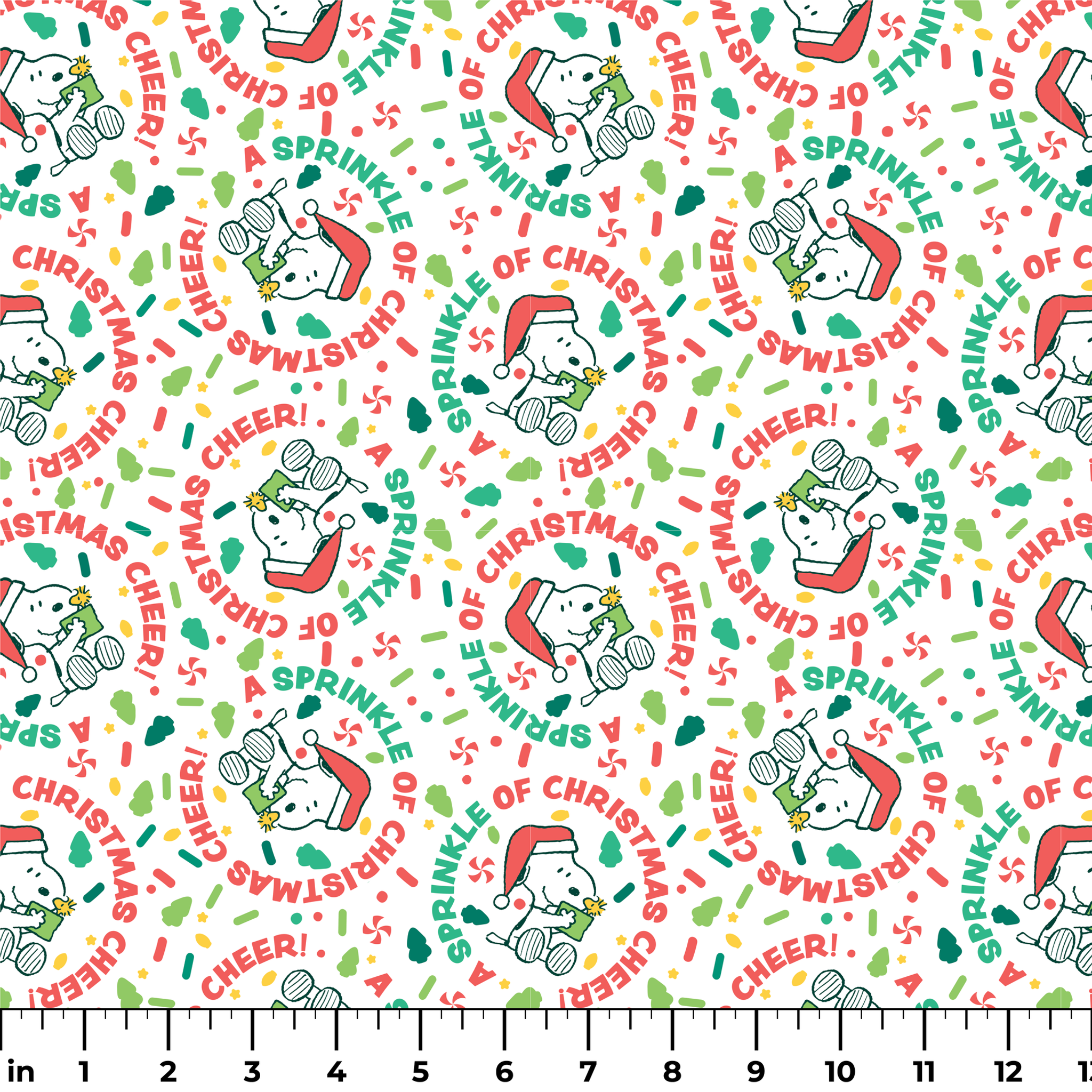 Holiday pattern with Snoopy wearing Santa hat, surrounded by "Merry Christmas", "Cheer", and candy designs on white background ruler
