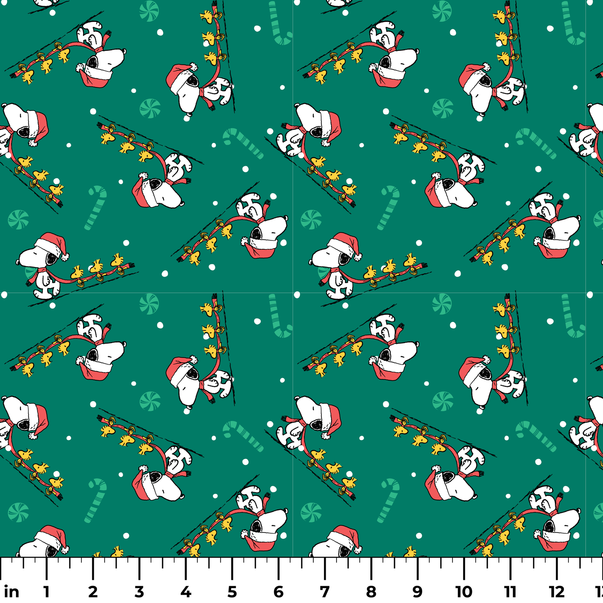 Holiday pattern with Snoopy in Santa hats pulling sleds of stars on green background with candy canes and snowflakes ruler