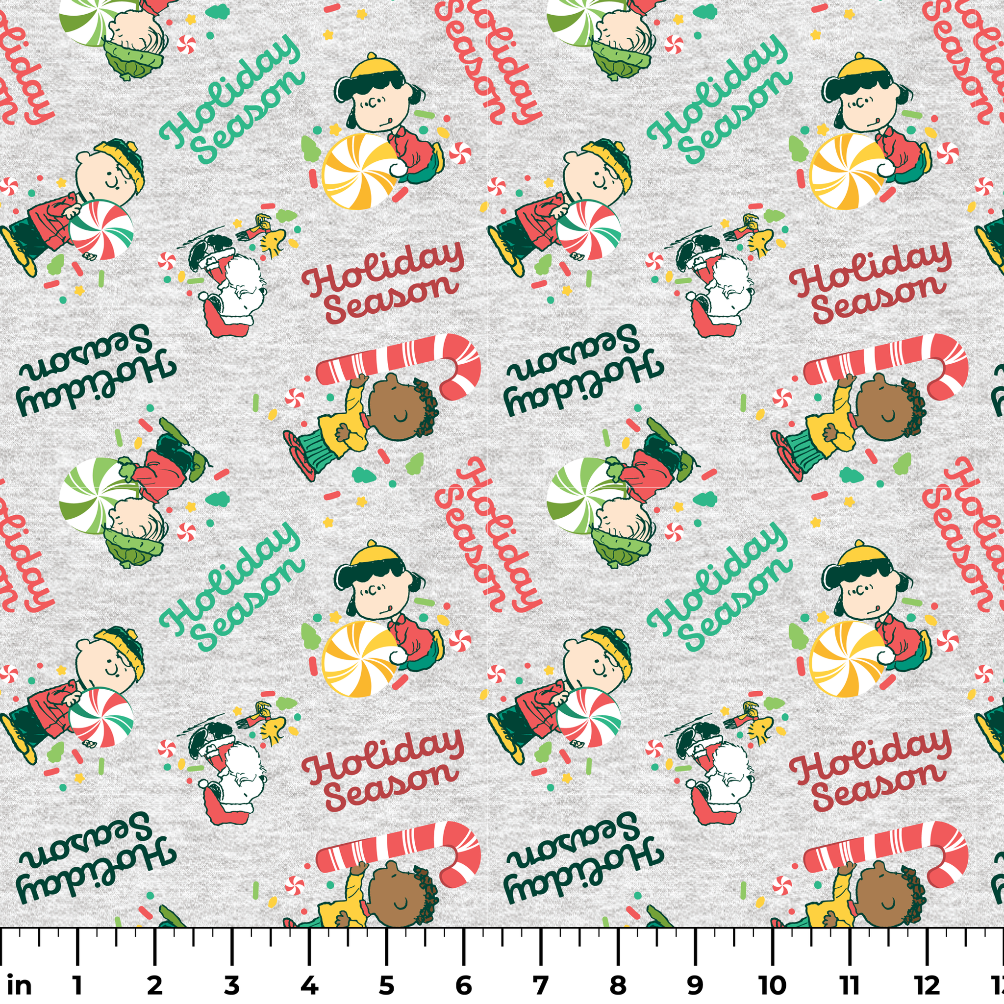 Festive Peanuts characters with candy canes and peppermints on gray background with "Holiday Season" text ruler