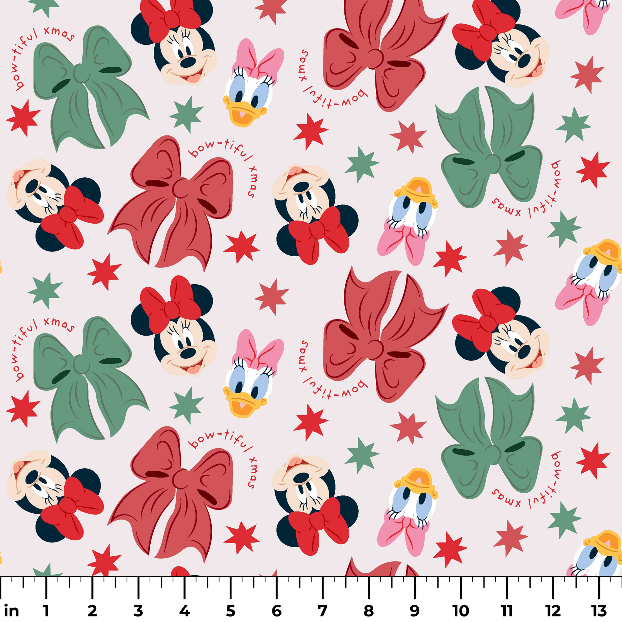Disney pattern with Minnie Mouse and Daisy Duck characters, green and red bows, and green stars on light background. ruler