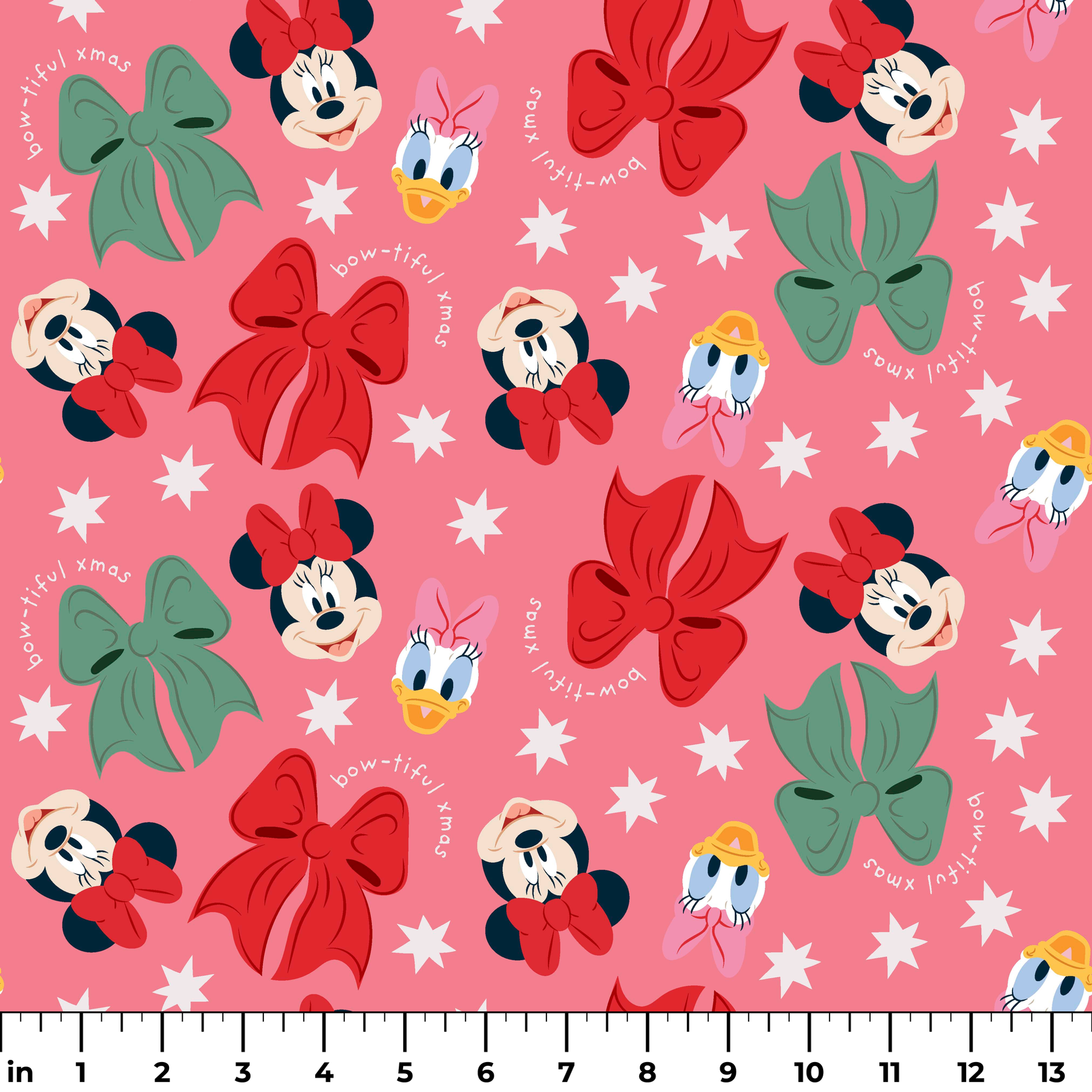 Disney character pattern with Mickey and Minnie Mouse, Donald Duck, bows in red and green on pink background with white stars ruler