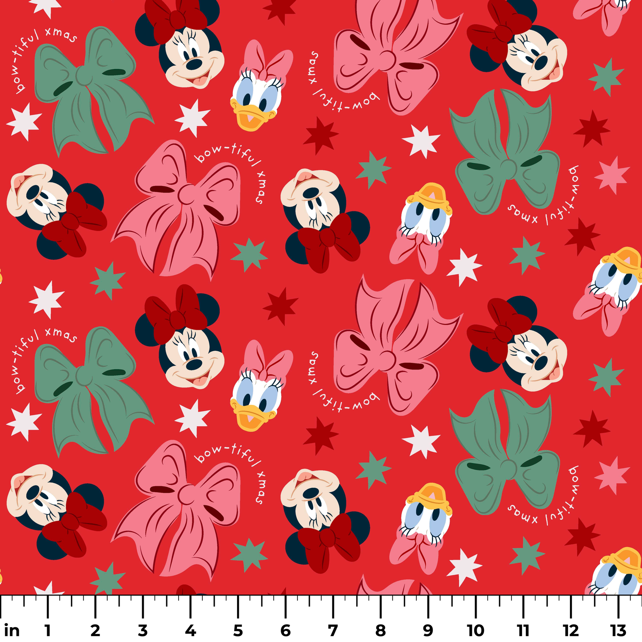 Disney character pattern with Minnie Mouse, Mickey Mouse and Donald Duck on red background with bows and stars ruler
