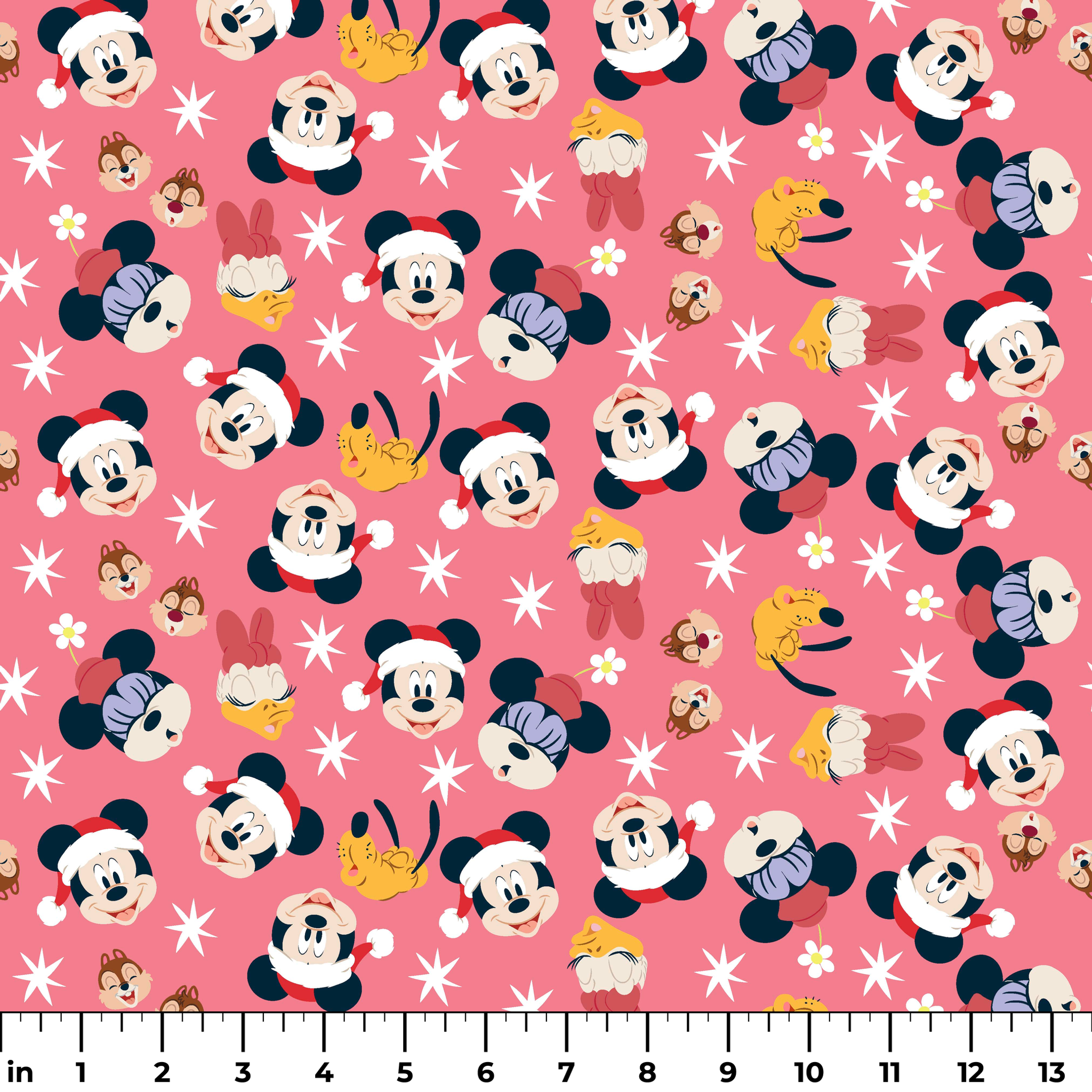 Mickey Mouse pattern with holiday elements on pink background, featuring white stars and gold accents ruler