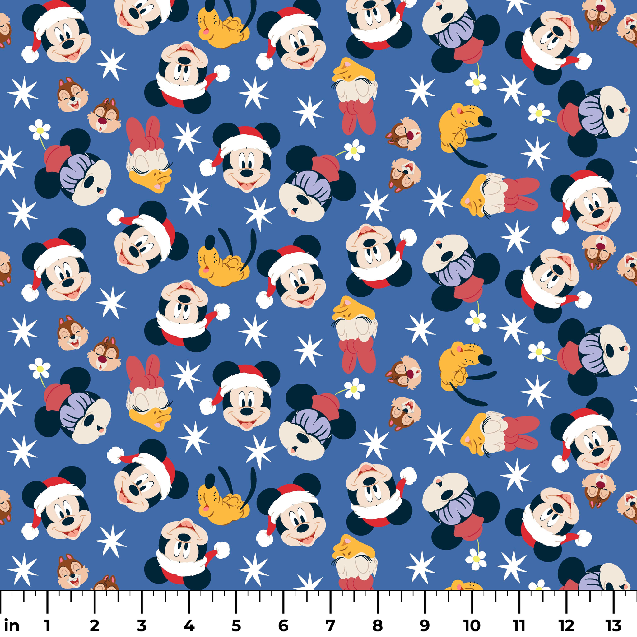 Mickey Mouse Christmas pattern with Santa hats, cupcakes and snowflakes on blue background ruler