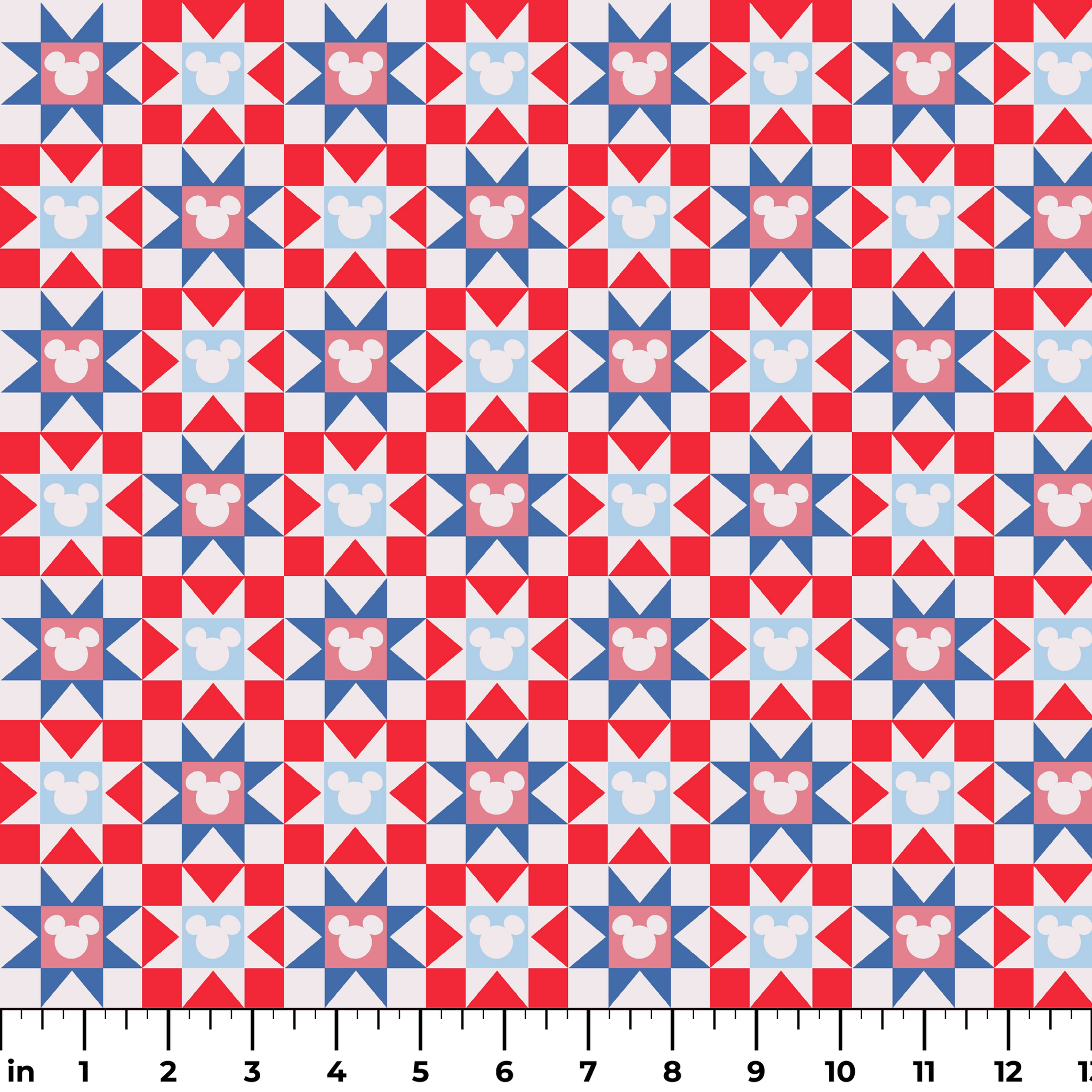 Un patrón de colcha con estrellas en rojo, blanco y azul, con siluetas de Mickey Mouse en el centro de cada estrella. ruler
