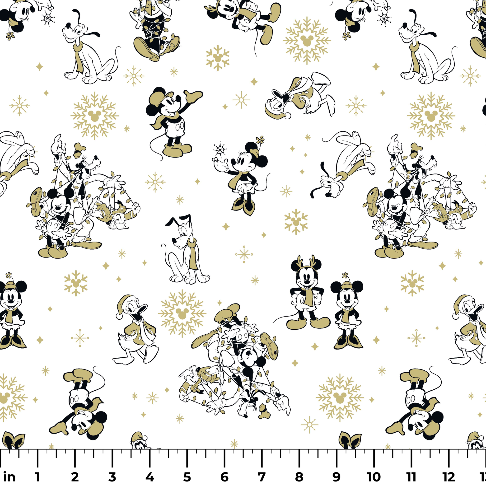 Vintage Disney characters pattern with Mickey, Minnie and Pluto on white background with gold snowflakes ruler