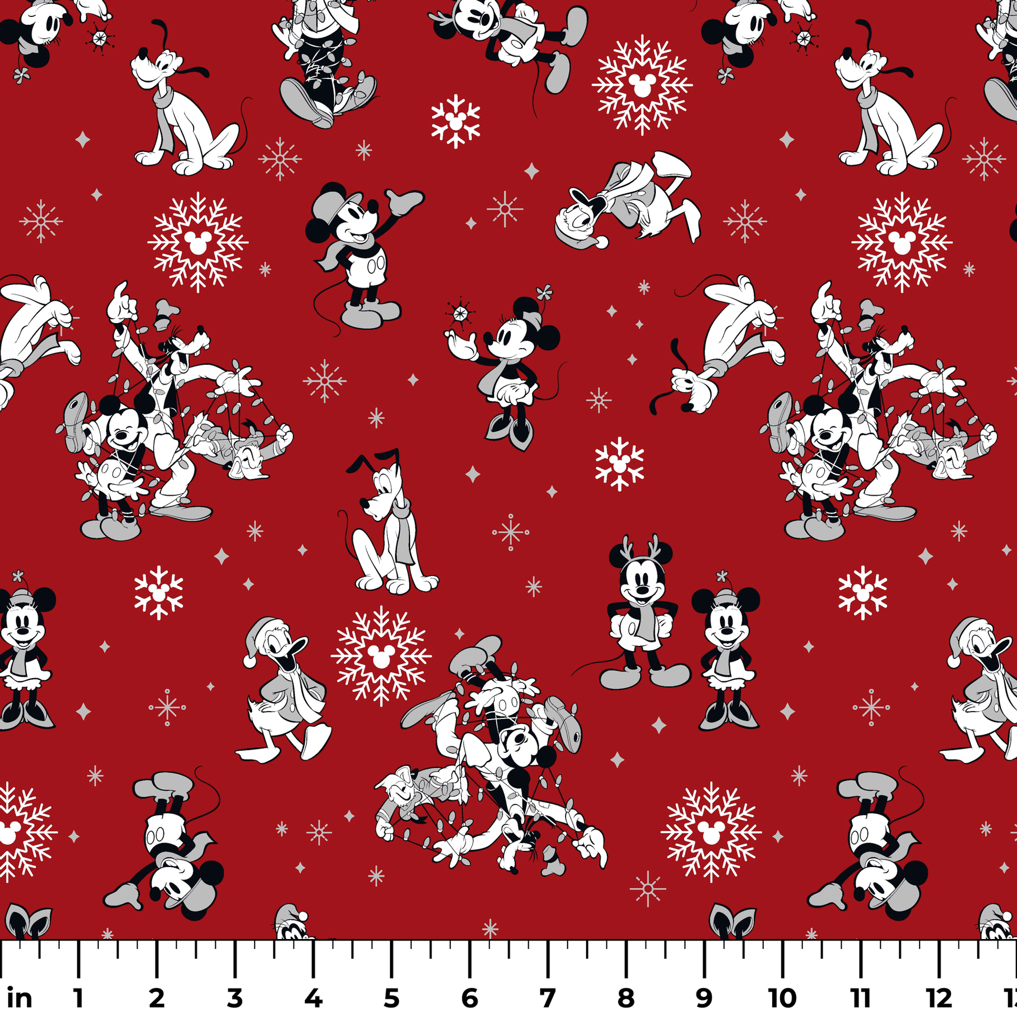 Christmas pattern with Disney characters and snowflakes on red background ruler